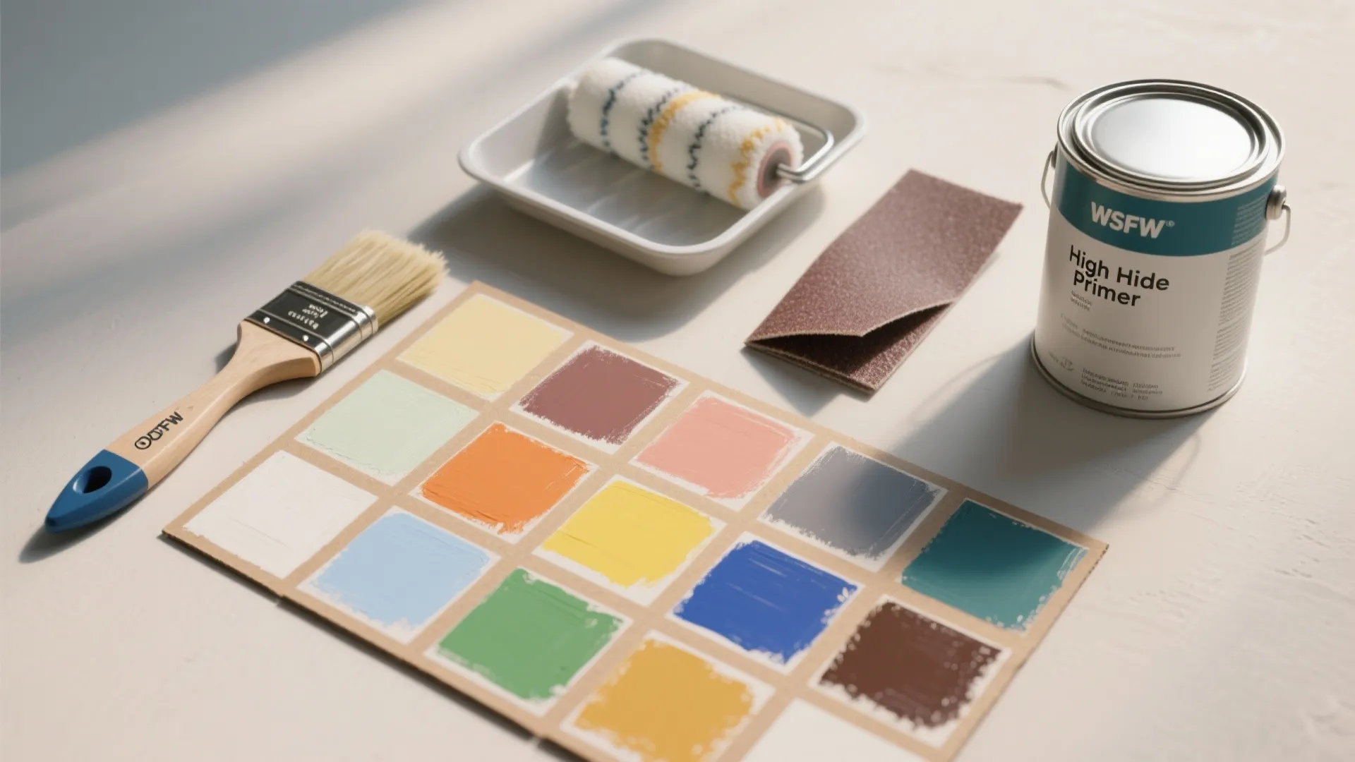 Painting tools with paint brush roller tray sandpaper primer can and colorful wall color samples