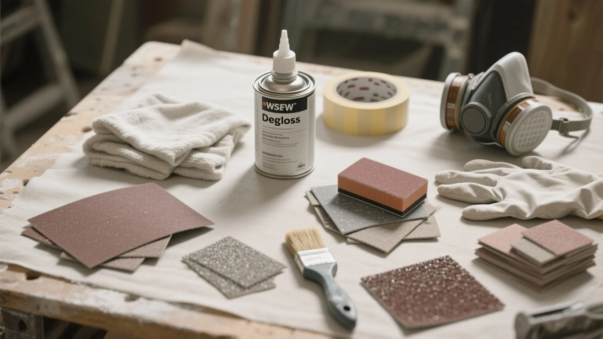 Work table with degloss bottle, sandpaper, masking tape, paint brush, white towel, gloves, and mask