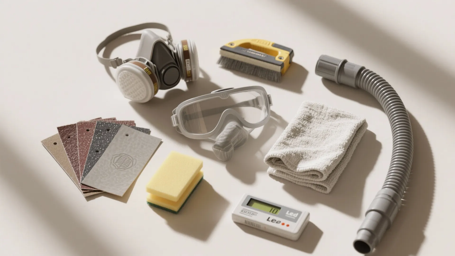 Home renovation safety gear and tools including a mask goggles sandpaper sponge and cleaning cloth