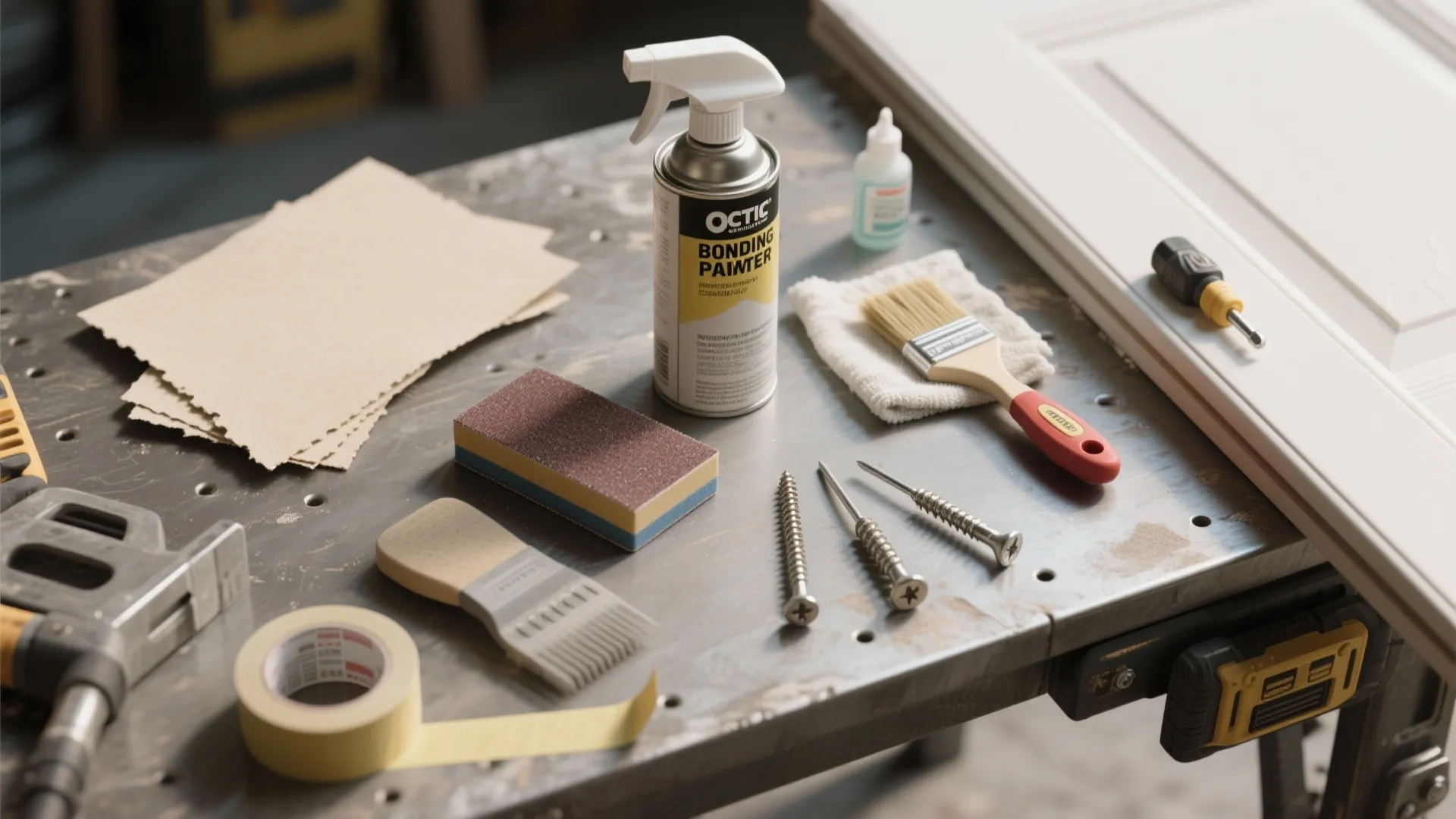 Collection of door painting tools including sandpaper spray paint brushes screws and tape on metal workbench