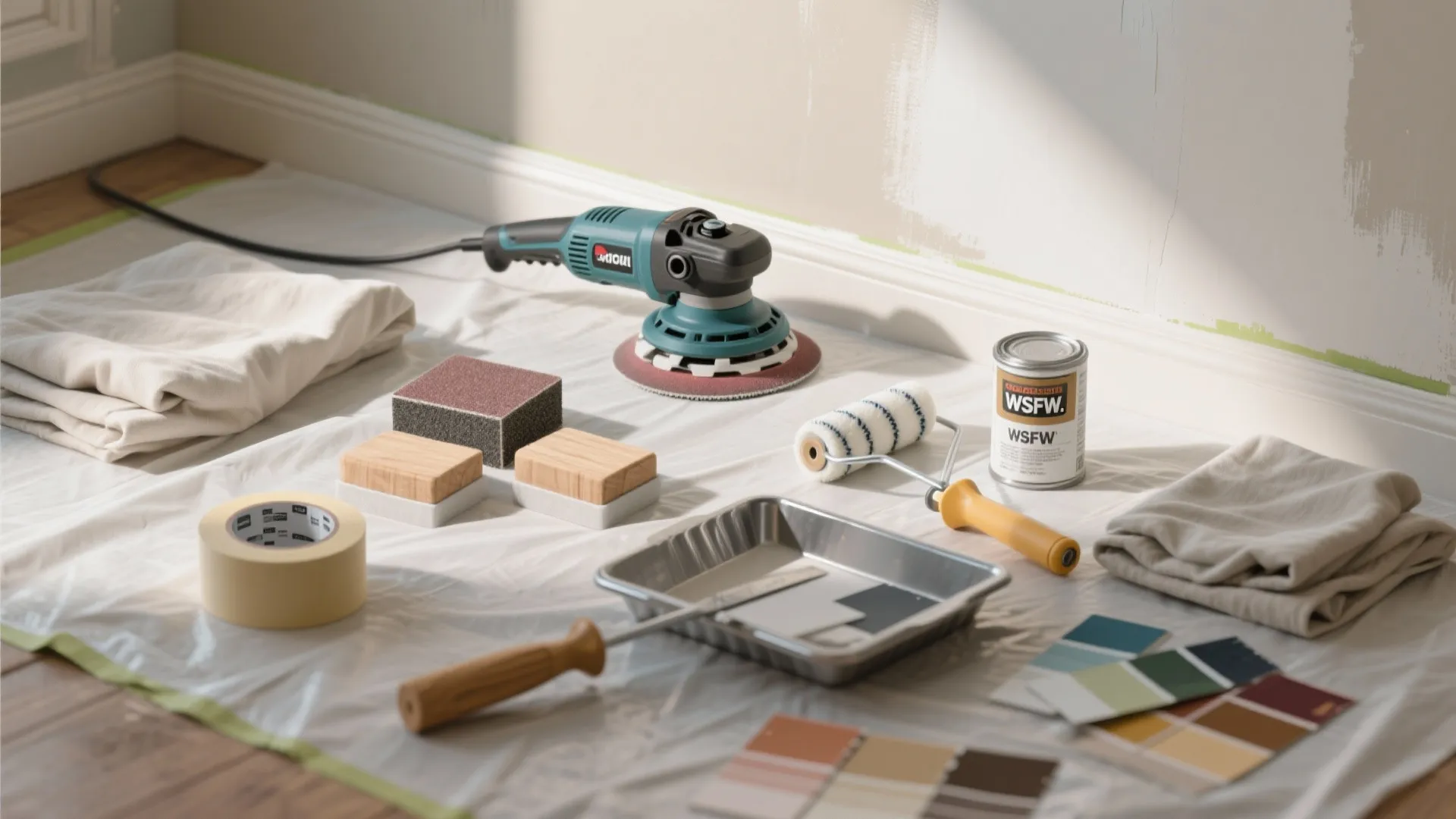 Various painting tools and an electric sander arranged on a plastic sheet for wall decoration