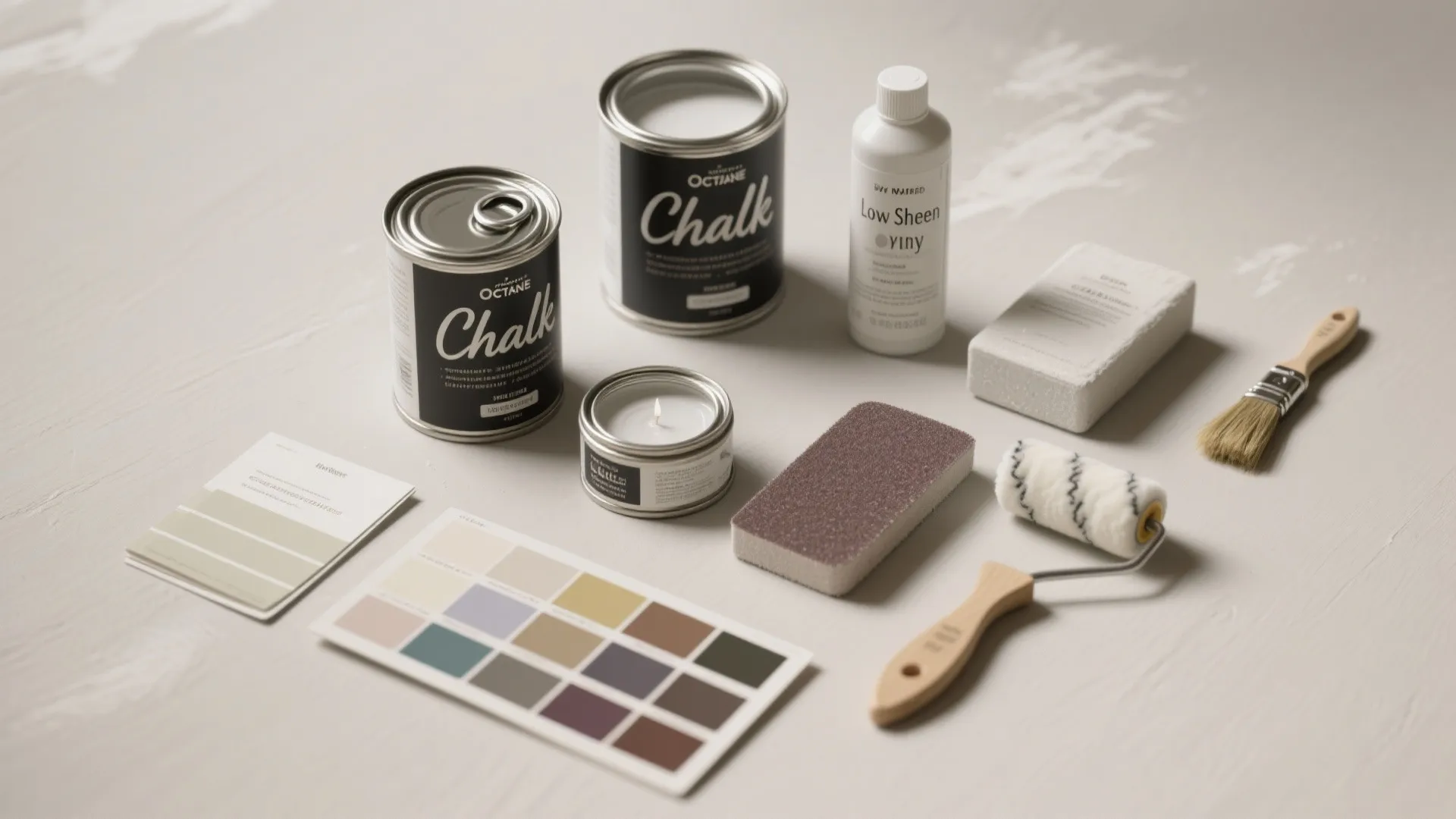 Assorted wall paint cans color palettes brushes and rollers for interior home painting and DIY