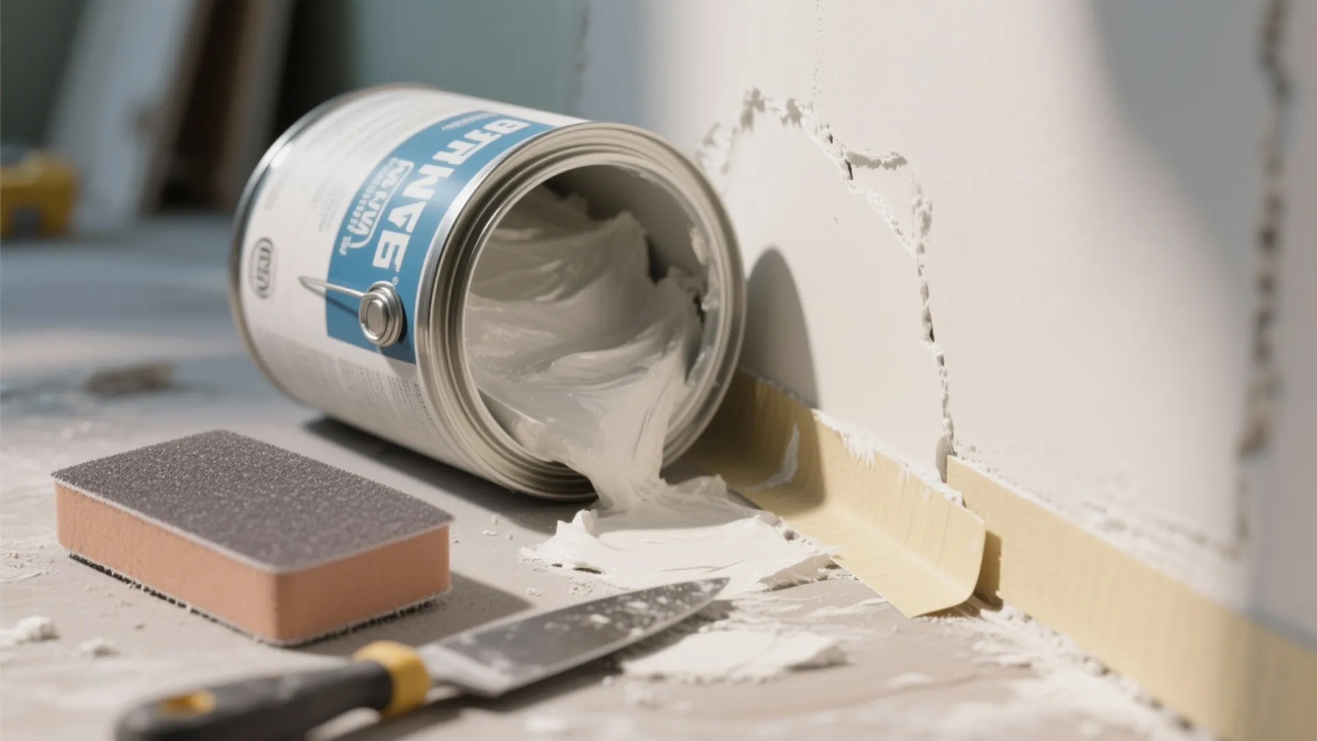 White paint spilling from a metal can onto the floor next to a small hand tool