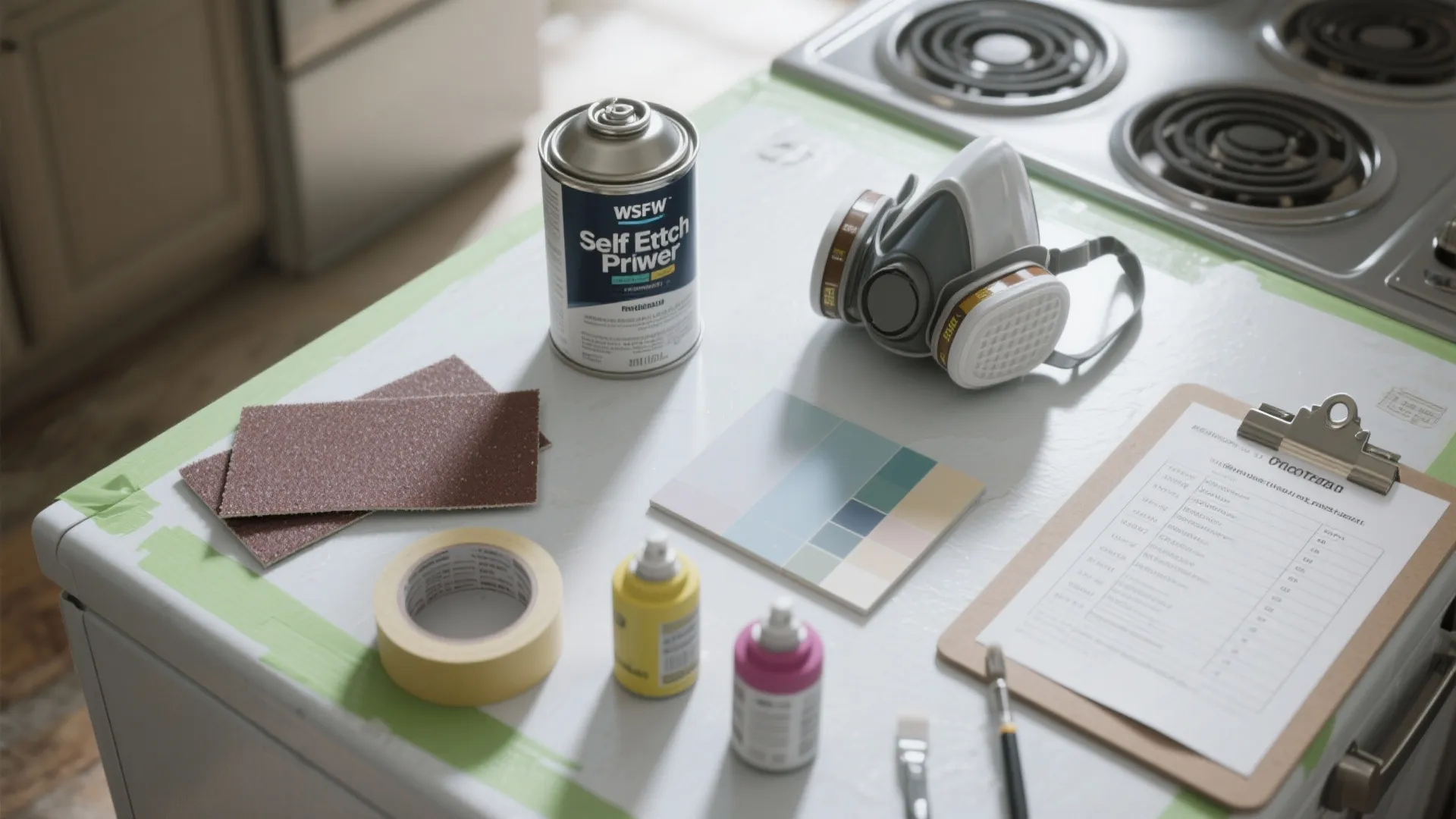 Primer can, breathing mask, sandpaper, tape, and color samples laid out on a white counter