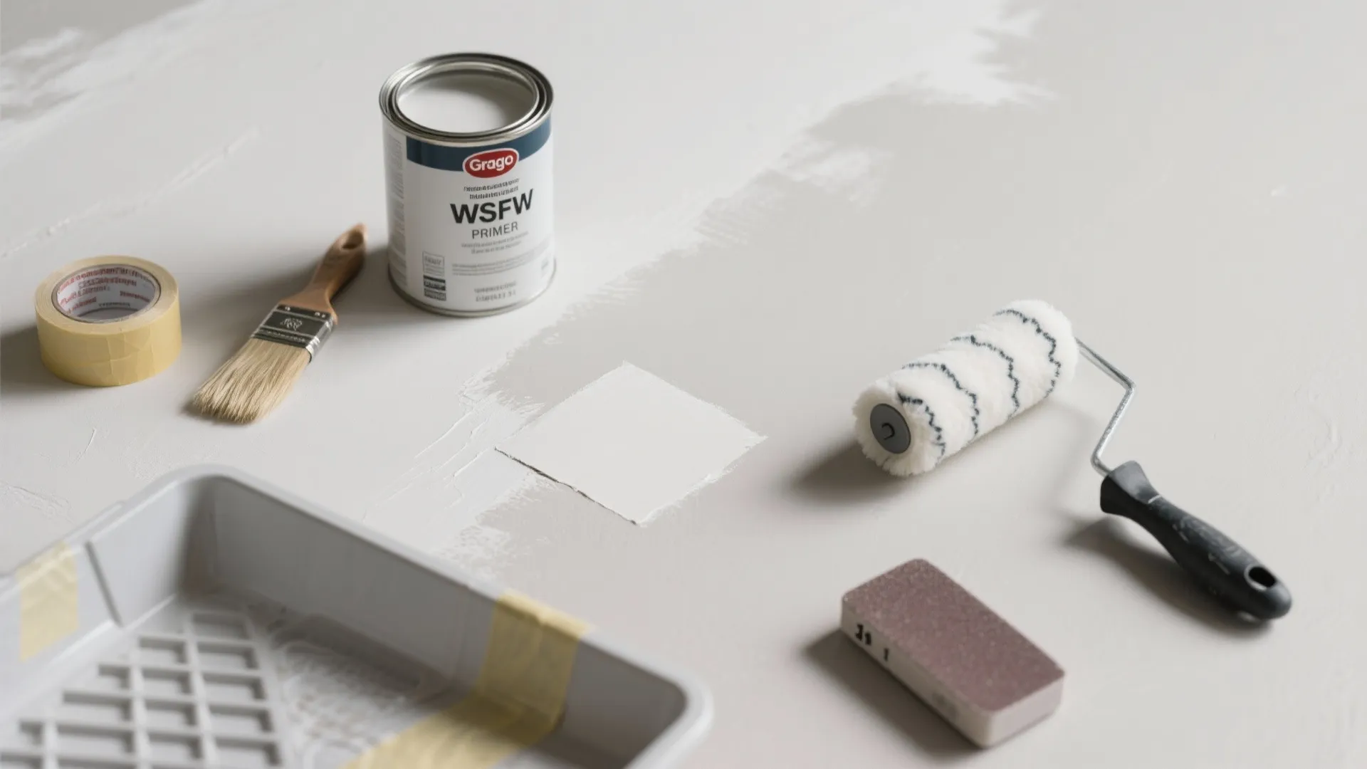 Home painting supplies including paint can brush roller tape tray and sanding block on floor