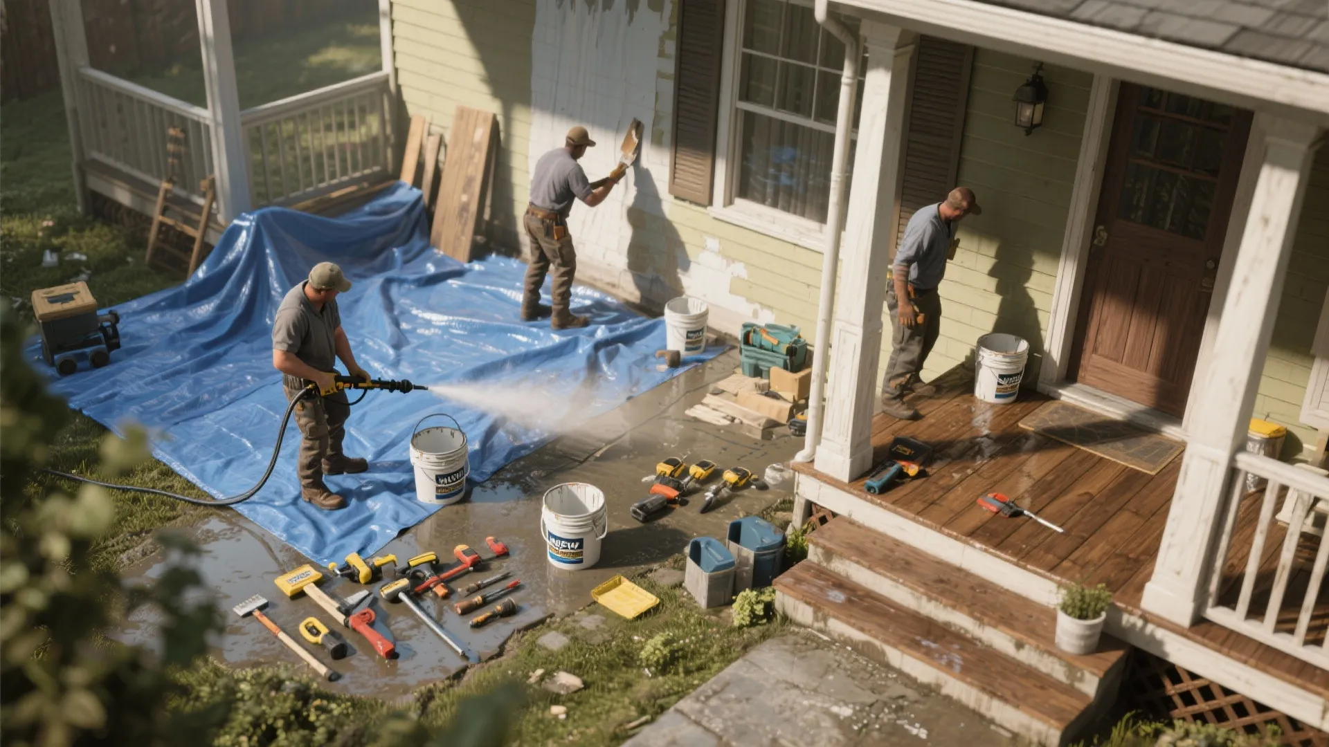 Top-down view of exterior prep tools and workers power washing and priming siding