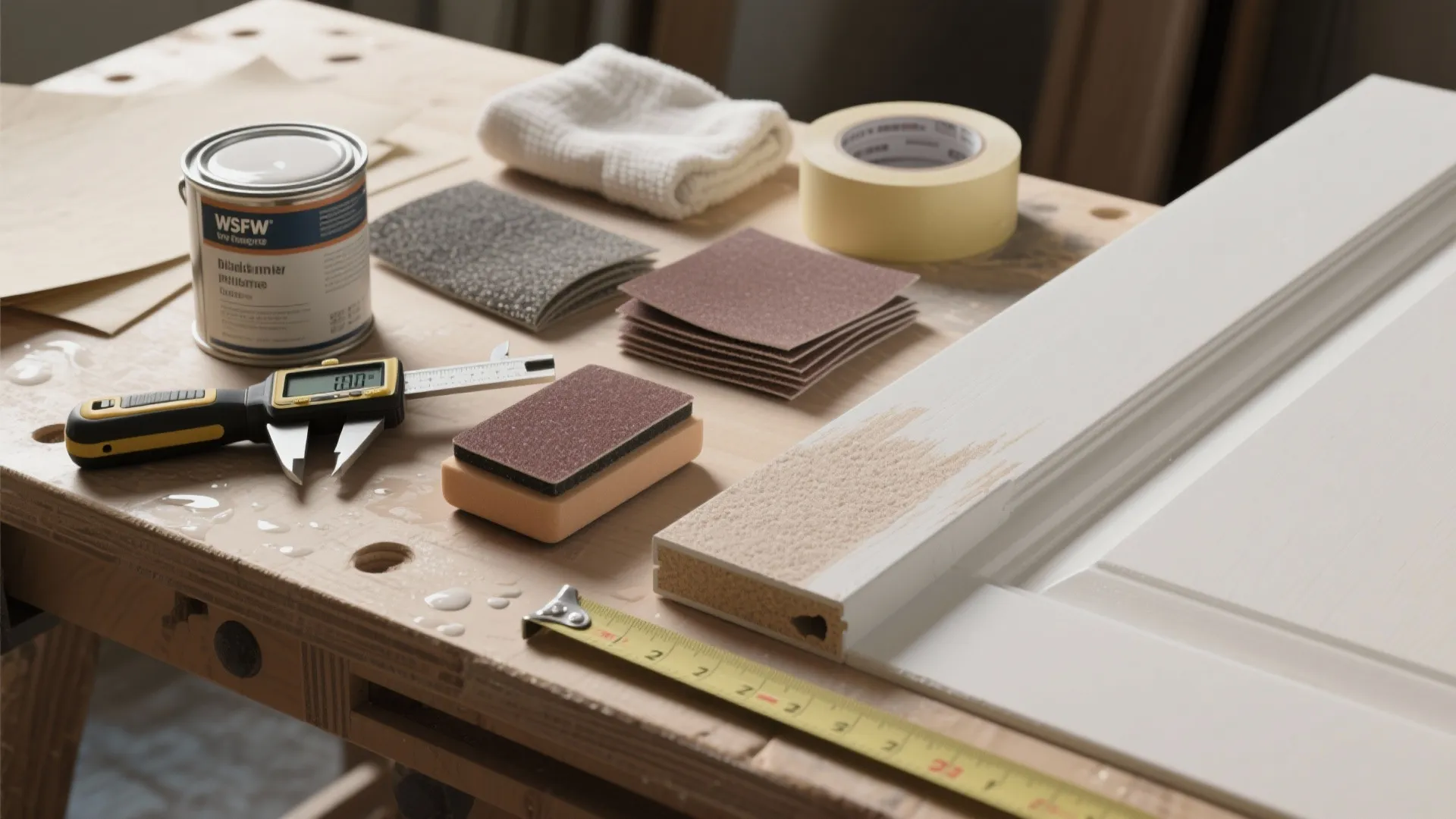 Wooden workbench with paint can sandpaper measuring tools tape and a white wooden cabinet door