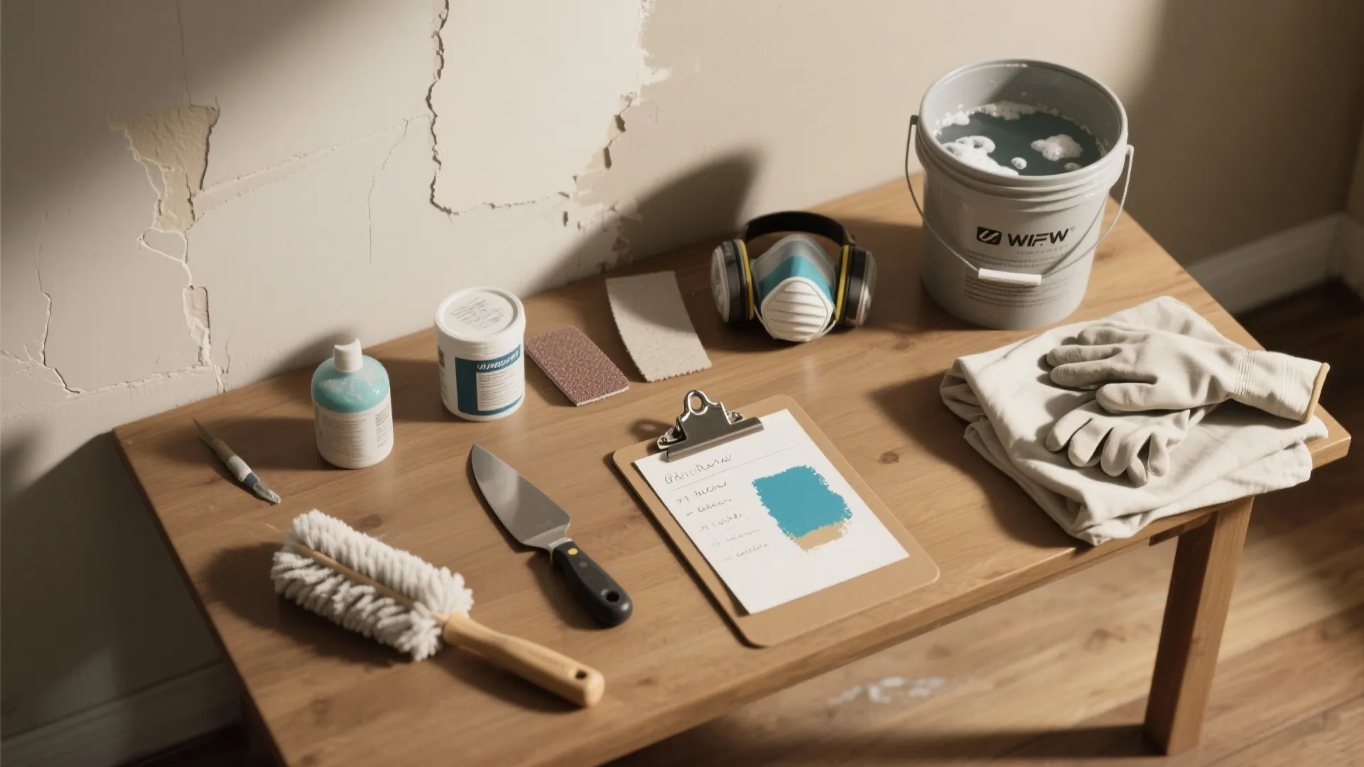 Wall repair tools on wooden table including brush and bucket and mask and gloves and sandpaper