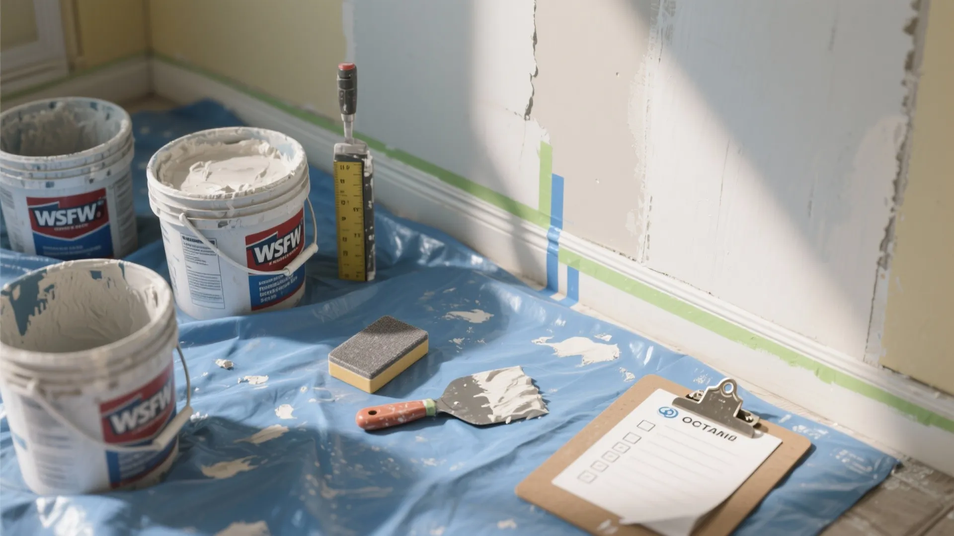 Painting preparation tools including buckets of white paint and a scraper on a blue sheet