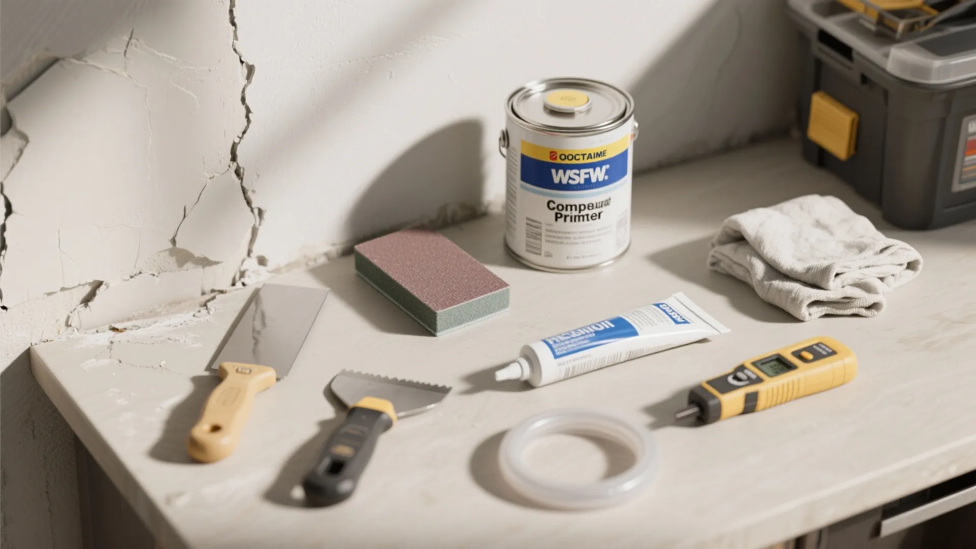 Top-down view of repair tools: scraper, sanding block, primer, flexible caulk and a moisture meter arranged for a wall repair.