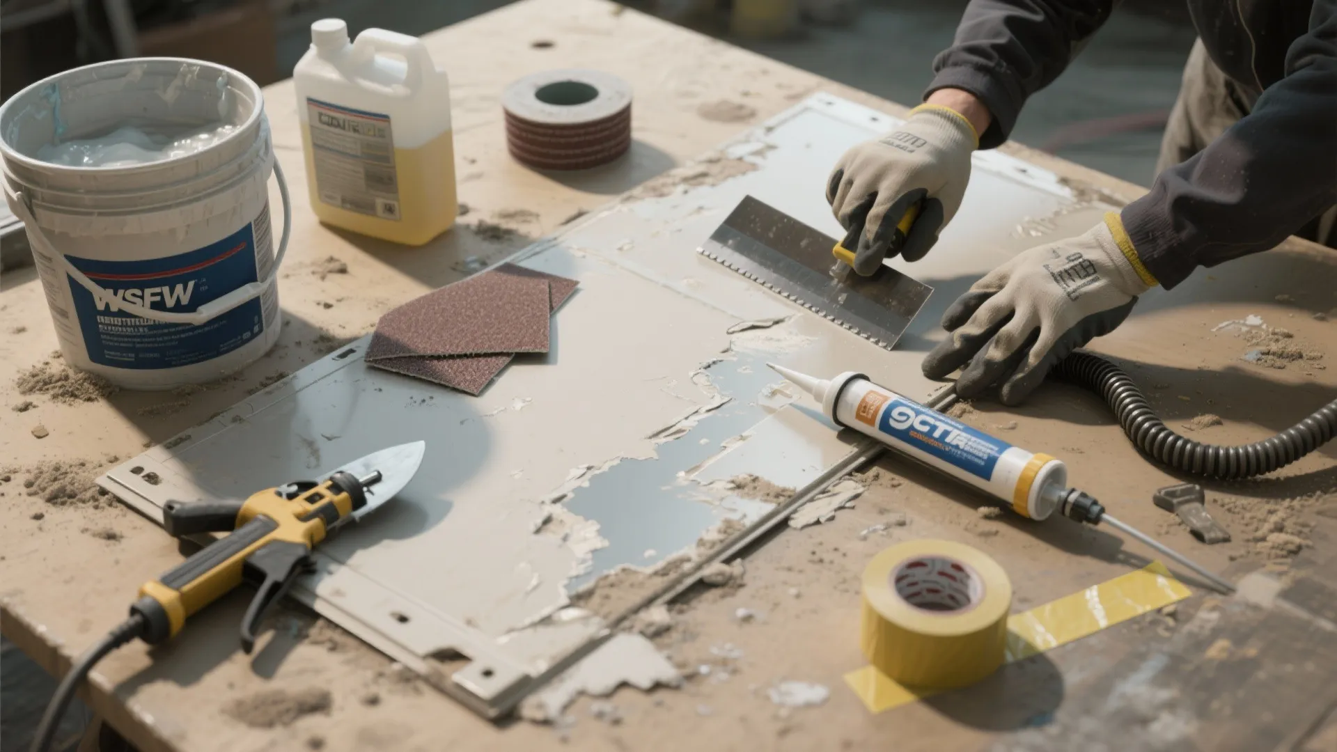 Top-down view of RV prep tools: scraper, sandpaper, caulk gun and cleaning supplies on a workbench