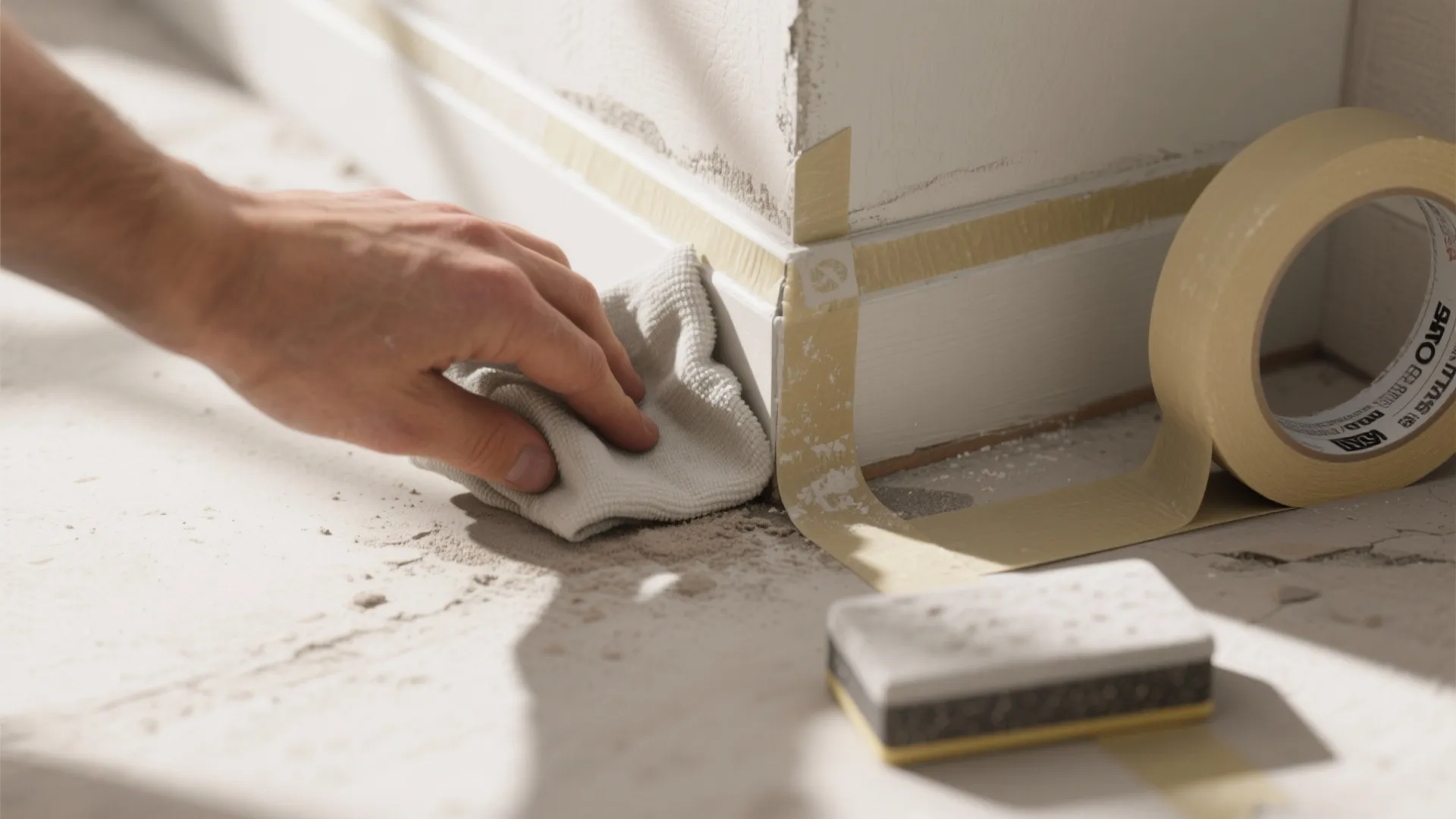 Person cleaning white wall baseboard with cloth next to yellow masking tape and a sponge