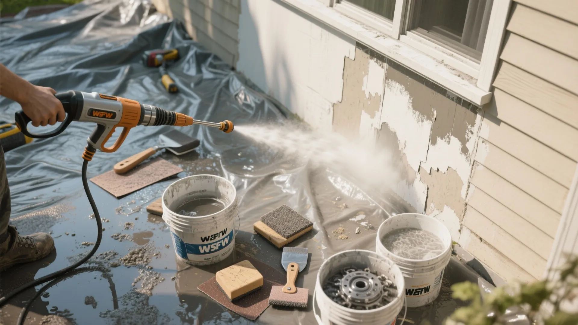 Top-down view of power washer, scrapers, sandpaper, and tarps laid out for exterior paint prep.