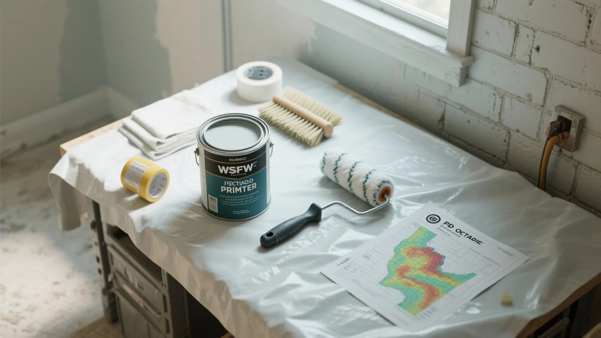 Painting supplies including primer can paint roller brush and tape on plastic covered work table
