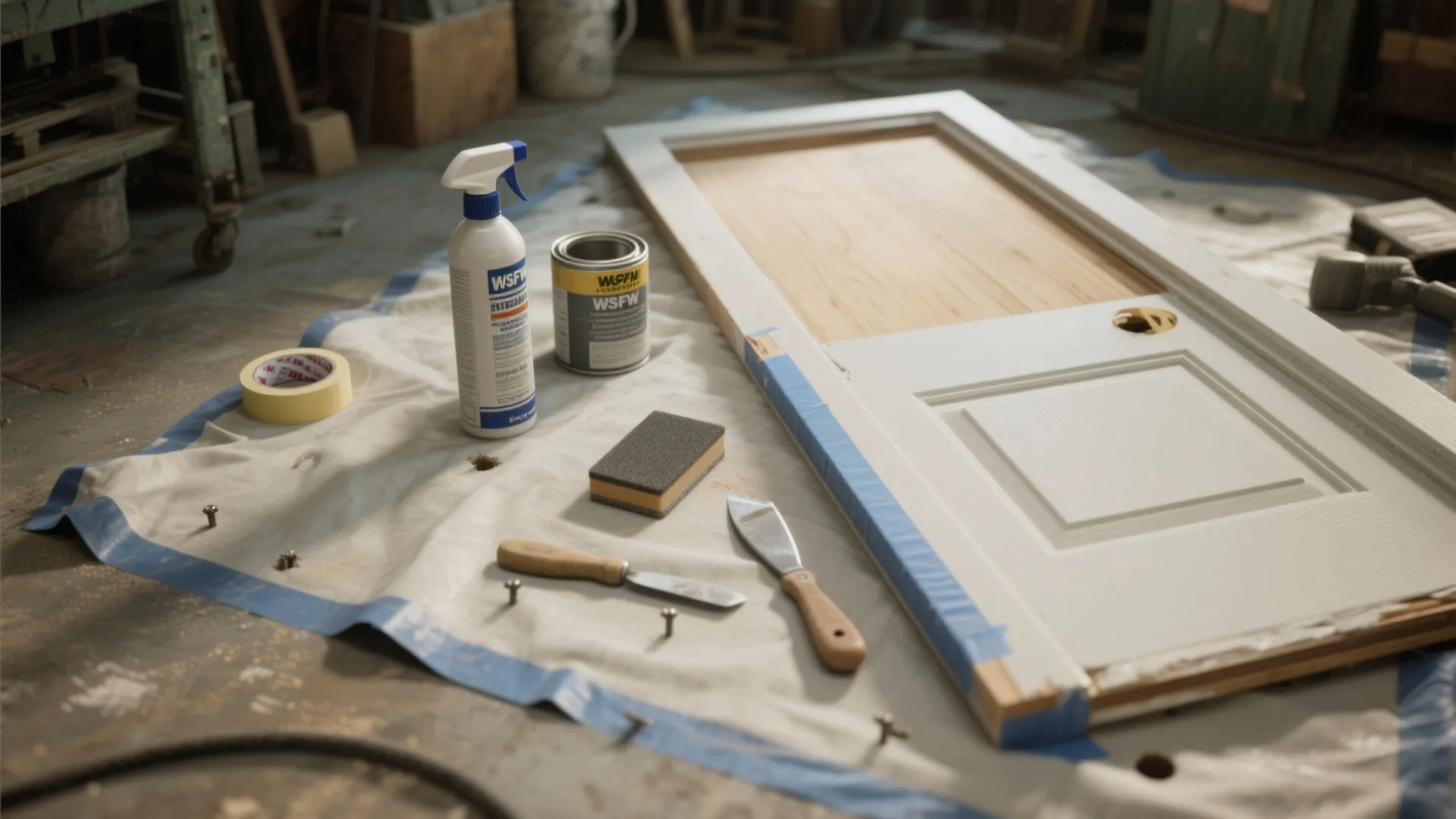 Top-down view of door prep tools: sanding block, primer, masking tape, putty knife and masked trim on a drop cloth.