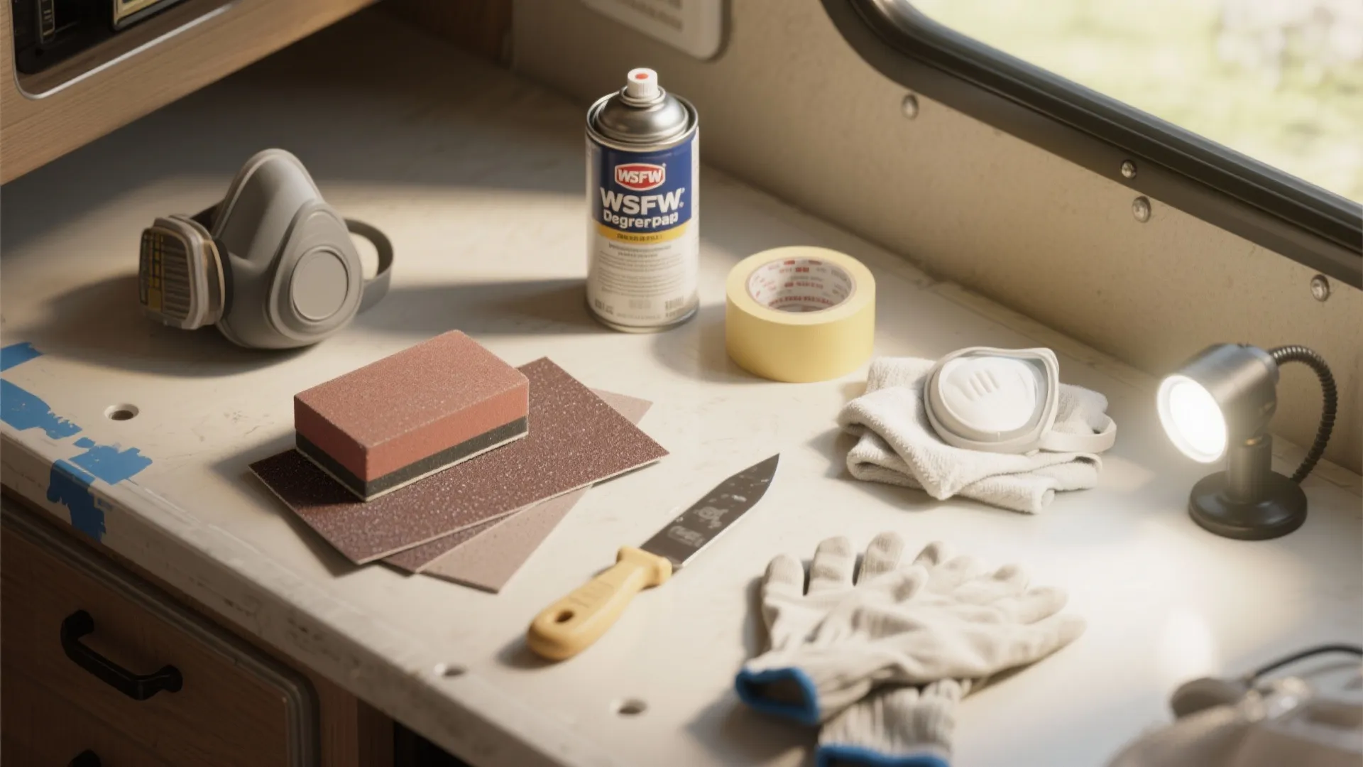 Table with interior design renovation tools including sandpaper mask spray tape knife gloves and small light