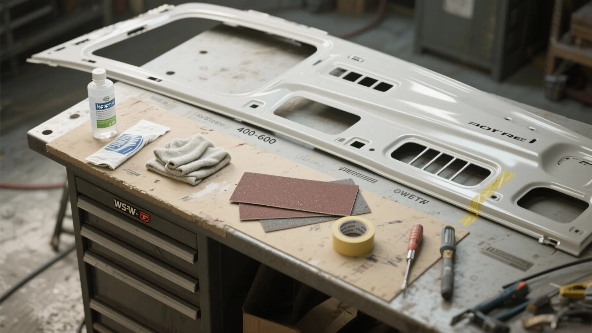 Car interior panel on a workbench with sandpaper cleaning liquid tape and small hand tools