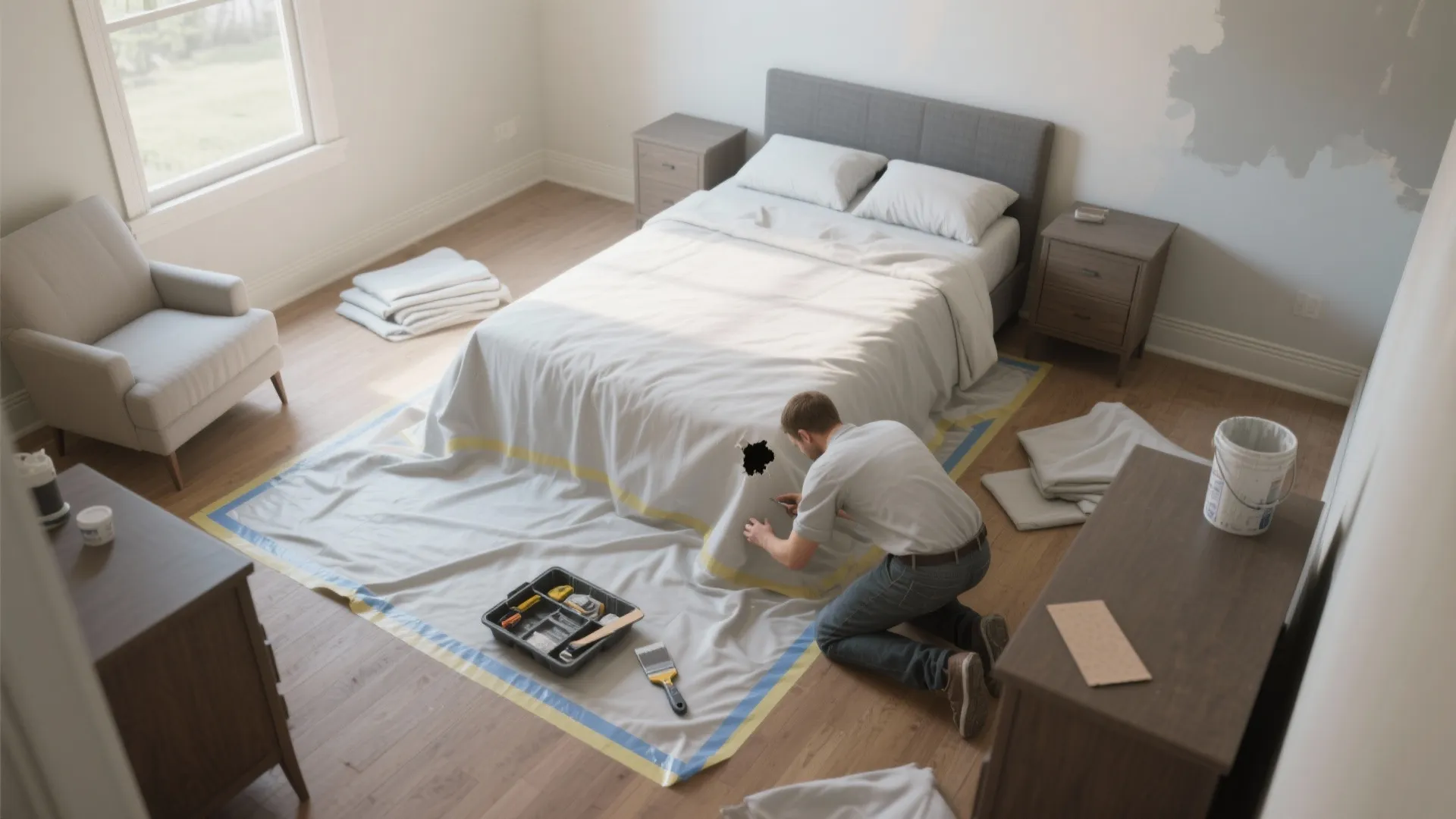 Person covering a bed with plastic sheet in a bedroom before starting a painting project