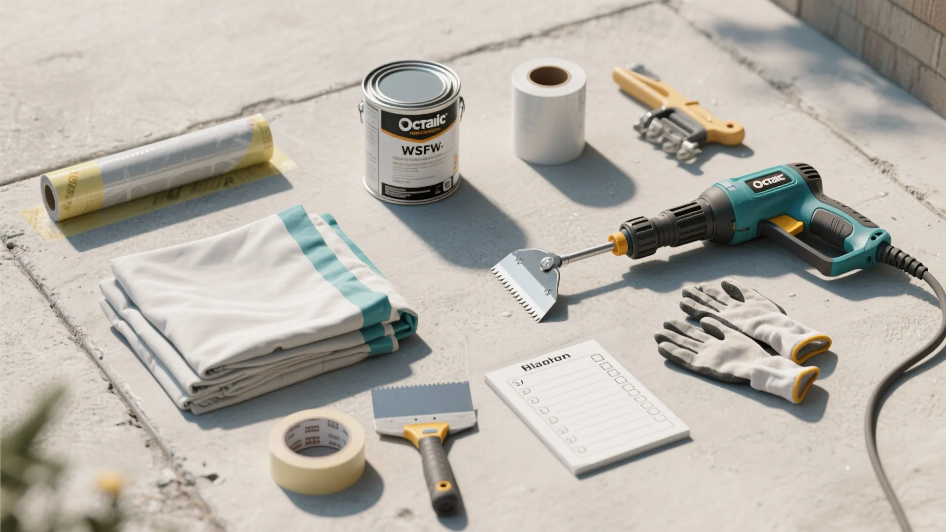 Overhead view of painting supplies including paint can tape gloves and a electric power tool