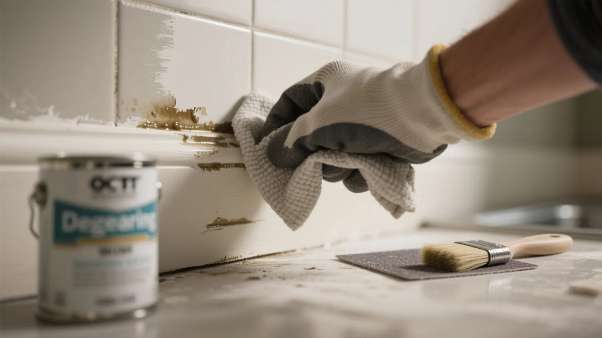 Hand wearing a glove cleaning a white wall with a cloth next to paint can