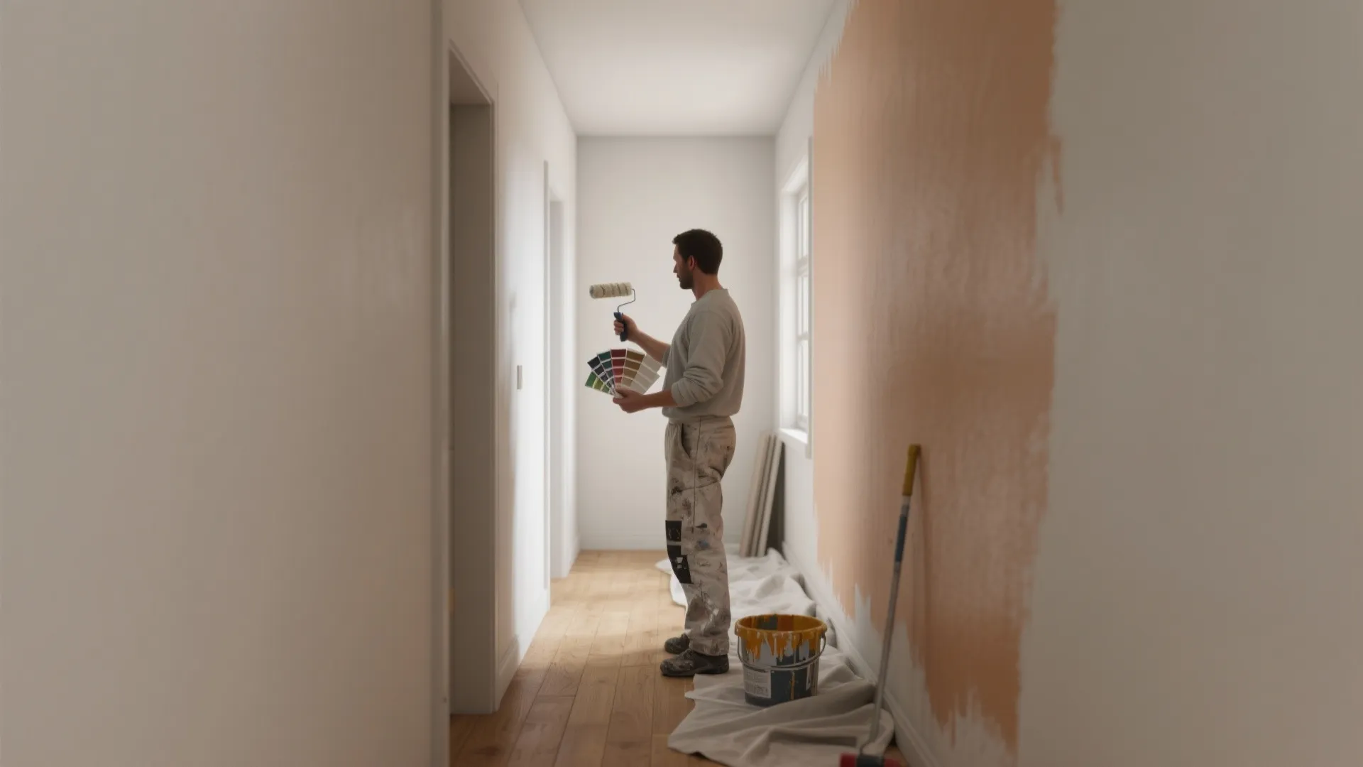 Professional painter holding color palette and roller while painting white hallway wall with orange paint