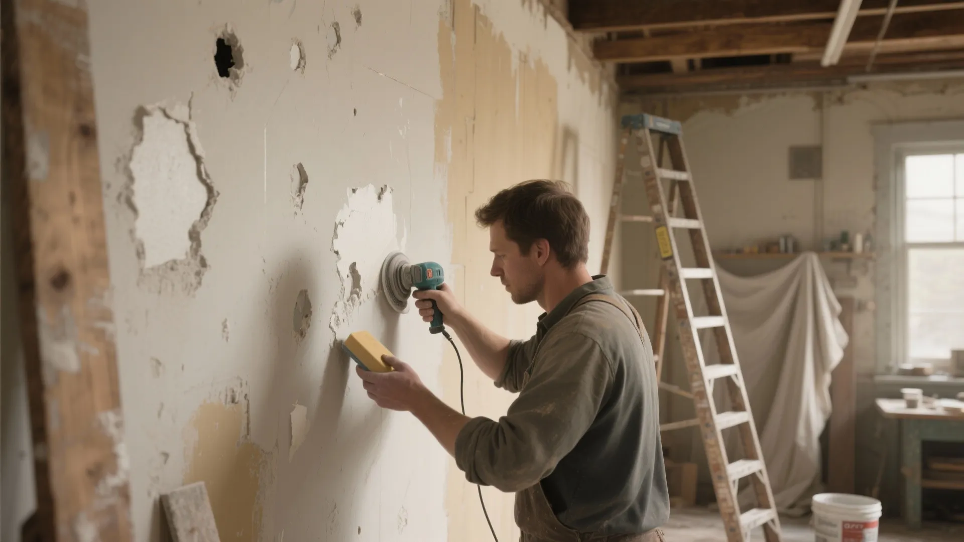 Worker patching and sanding a damaged plaster wall with tools and drop cloths in a room.