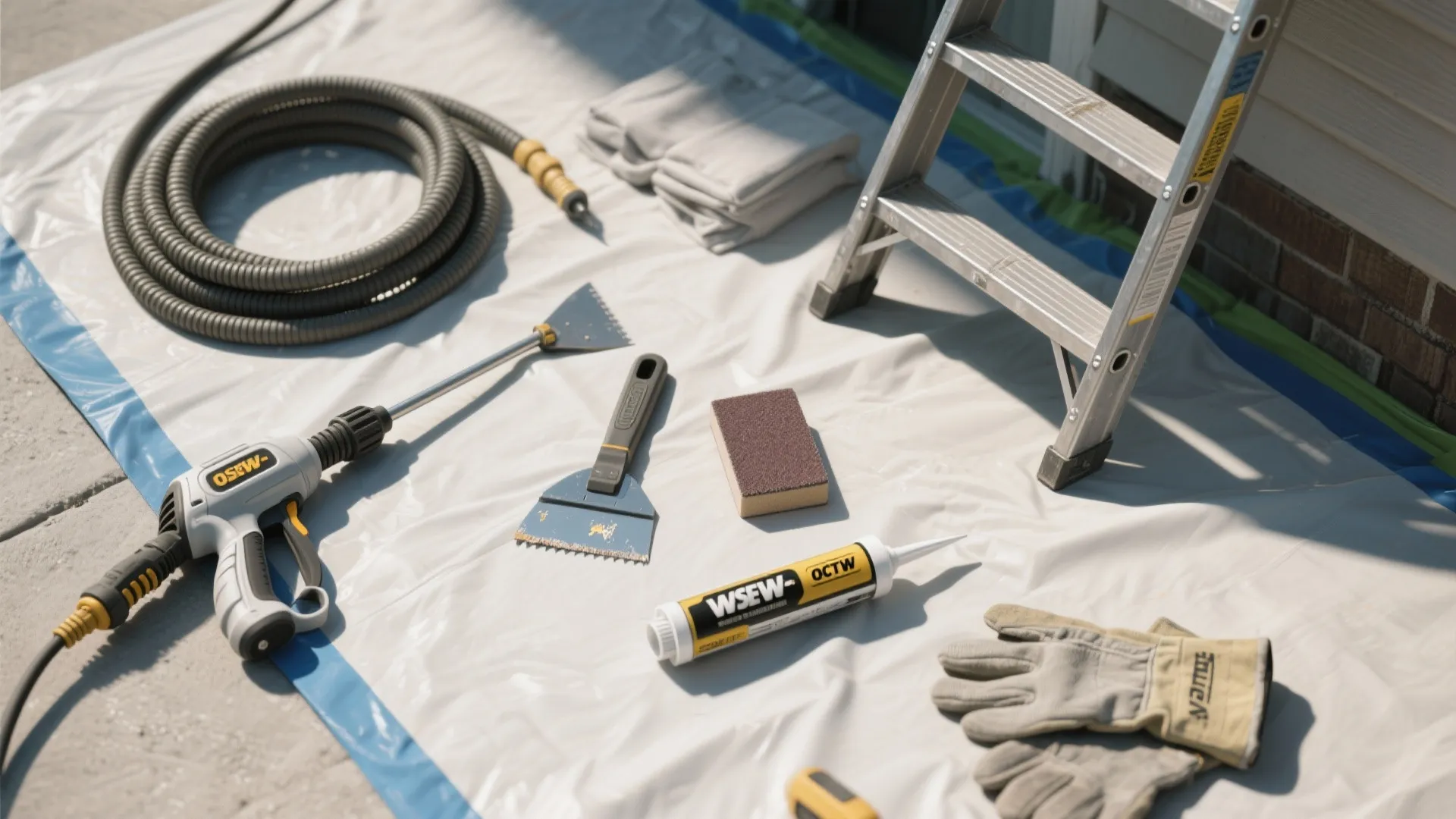 Various home improvement tools including pressure washer ladder scrapers sealant and gloves on plastic sheet