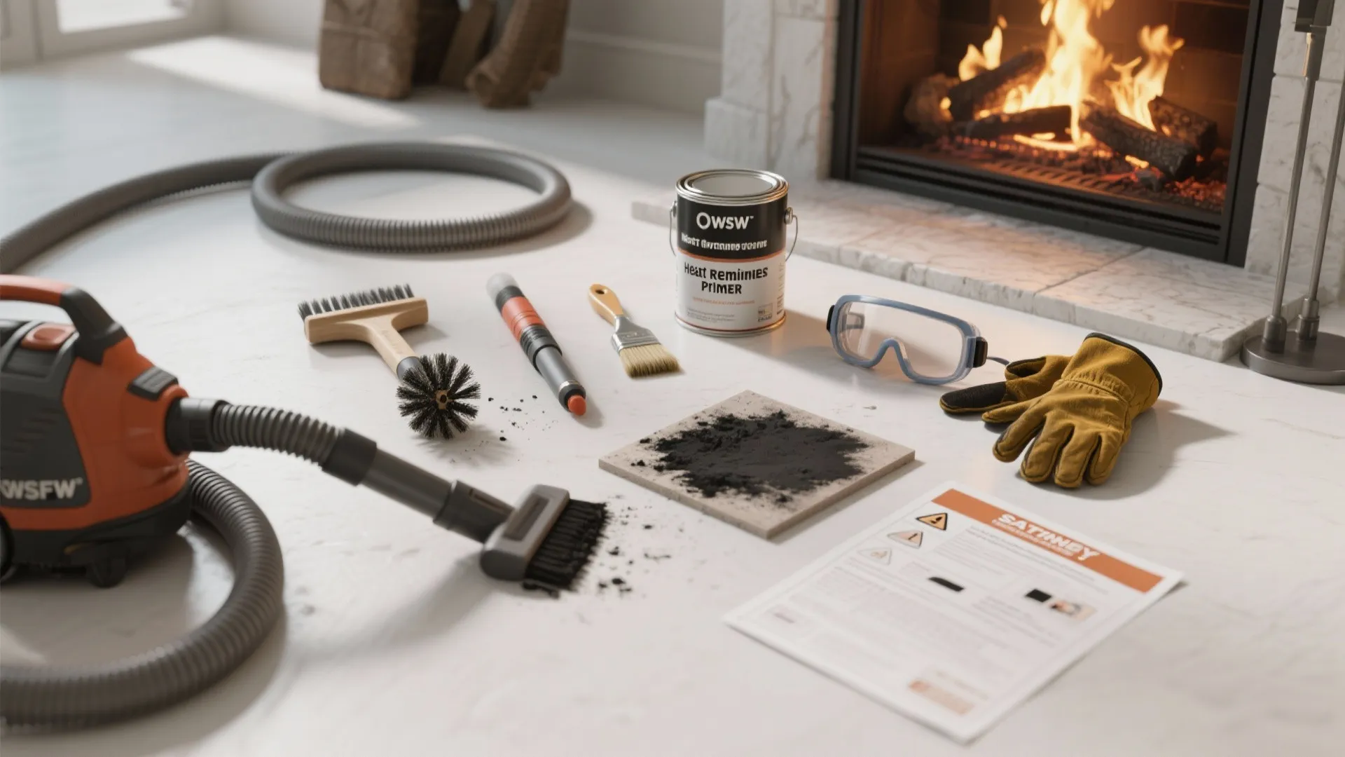 Top-down view of fireplace prep tools and materials arranged in a clear workflow for cleaning, priming, and painting.