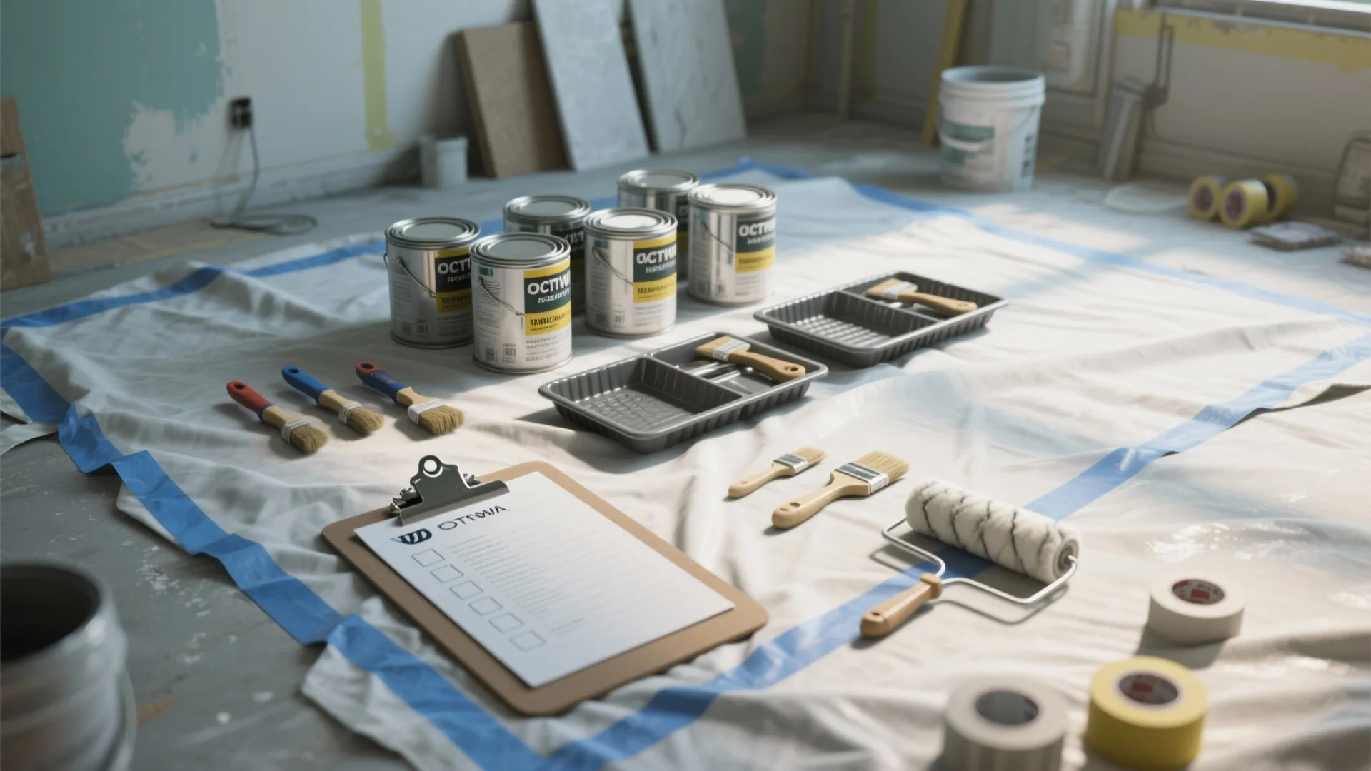 Painting supplies including paint cans brushes trays and roller arranged on a white floor cover