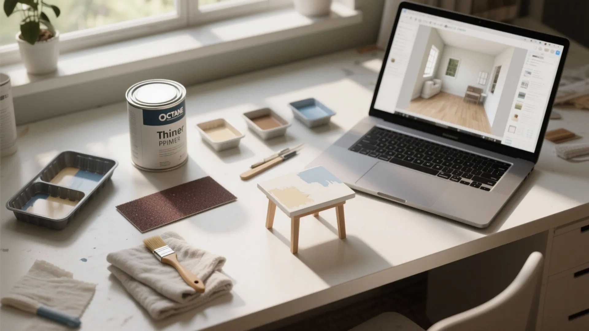 Desk with painting supplies and laptop showing interior design drawing of a small empty room