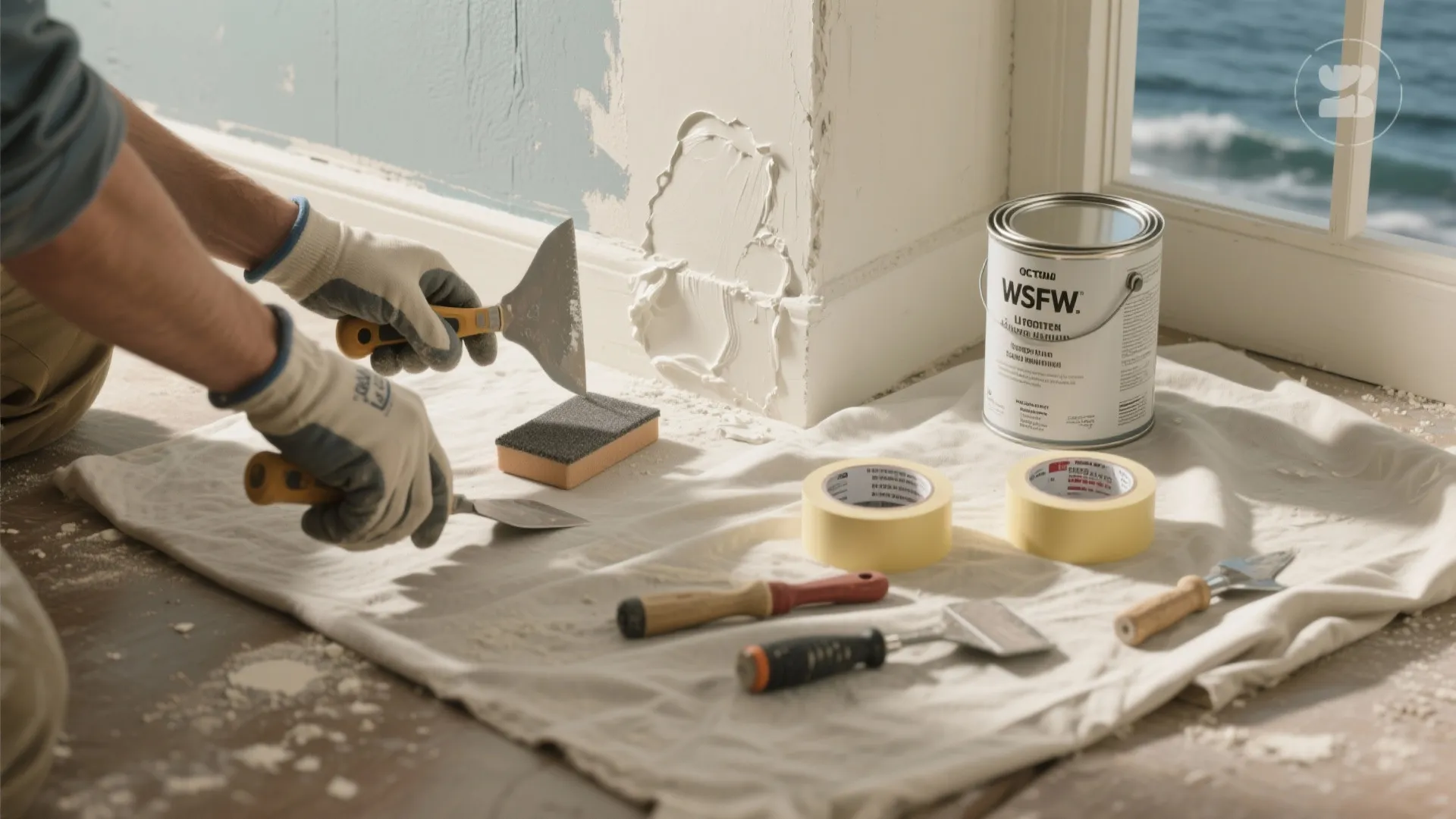 Top-down view of sanding, patching, and primer tools laid out during painting prep.