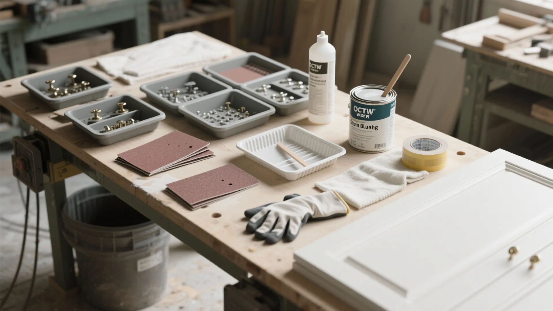 Work bench with cabinet hardware sand paper paint cans and gloves for a renovation project