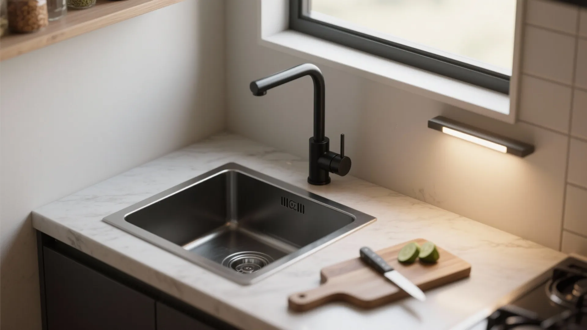 Black kitchen faucet with stainless steel sink on white marble counter and wooden cutting board