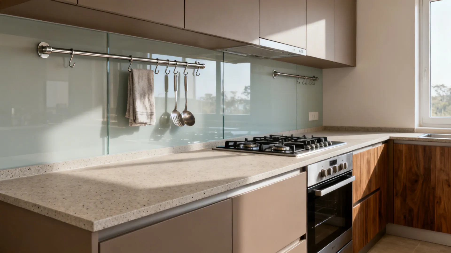 Heat‑resistant worktops with integrated utility rails