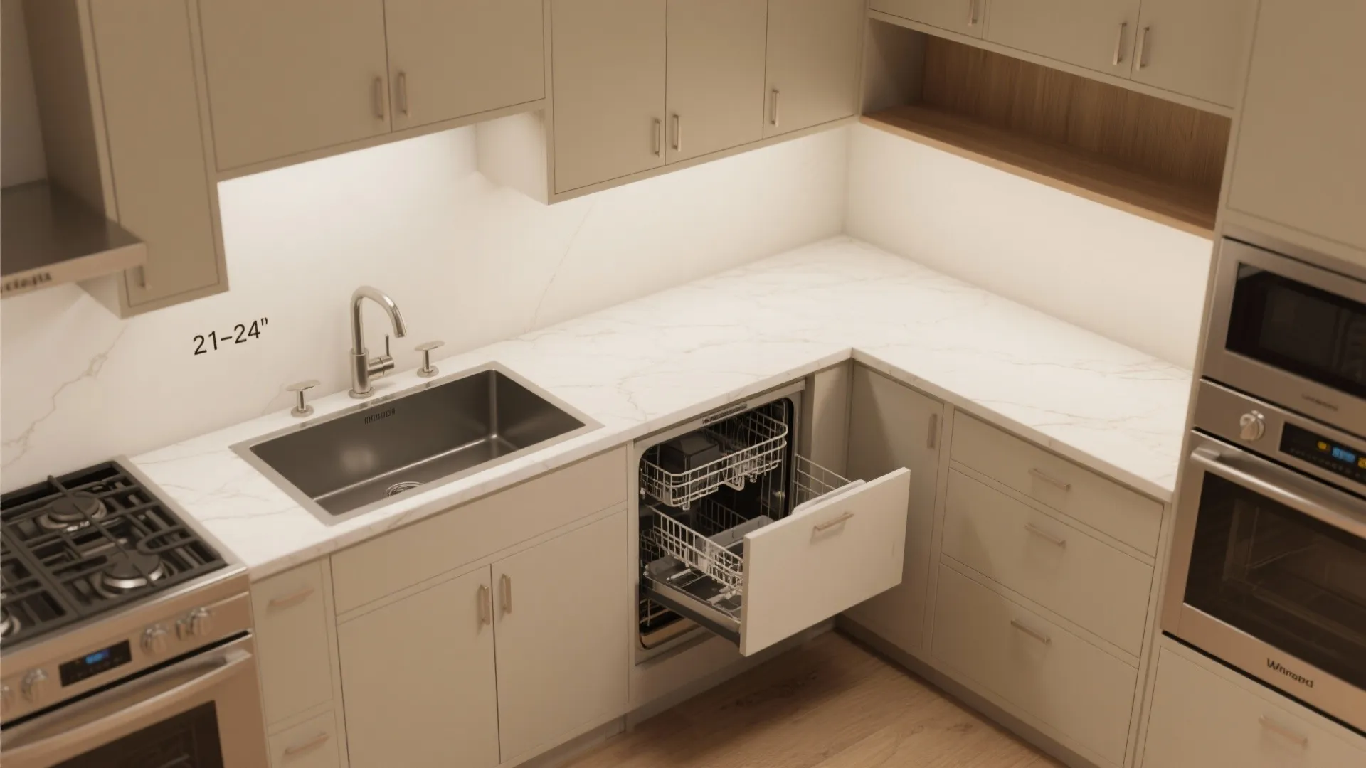 Kitchen plan showing appliance and prep zones around a 21 3/4" deep sink with dishwasher and prep counter locations.