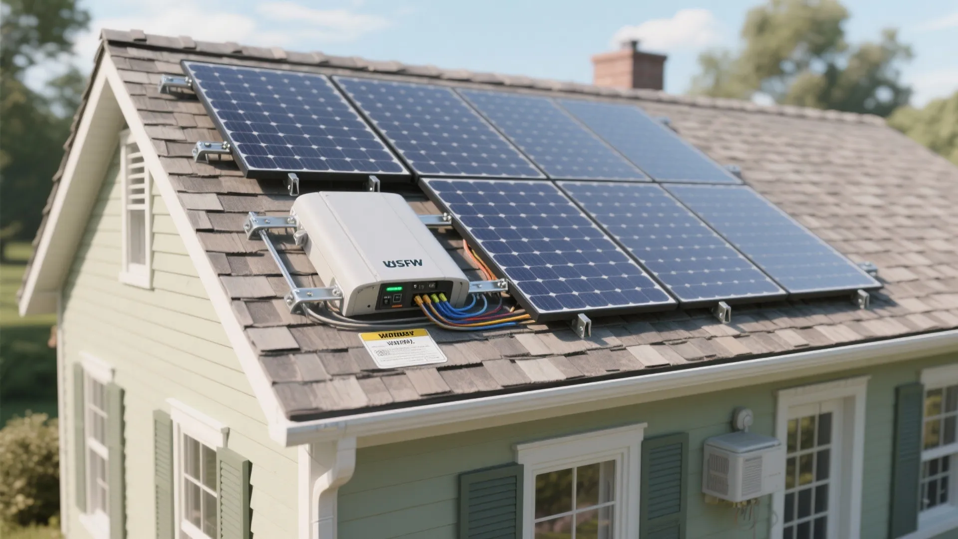 Solar panels installed on a grey shingle roof with white power unit and colored wires