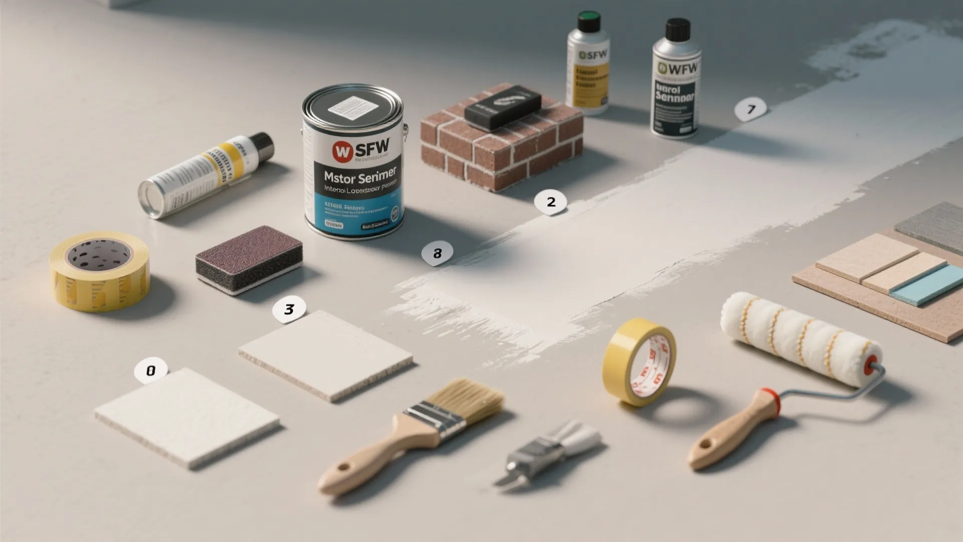 Various home painting tools including paint can tape brush roller and tiles on a white surface