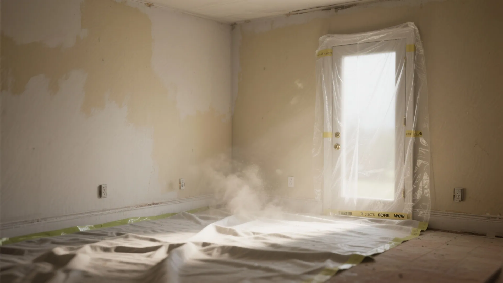 Empty room being renovated with floor and glass door covered in plastic sheets for dust protection