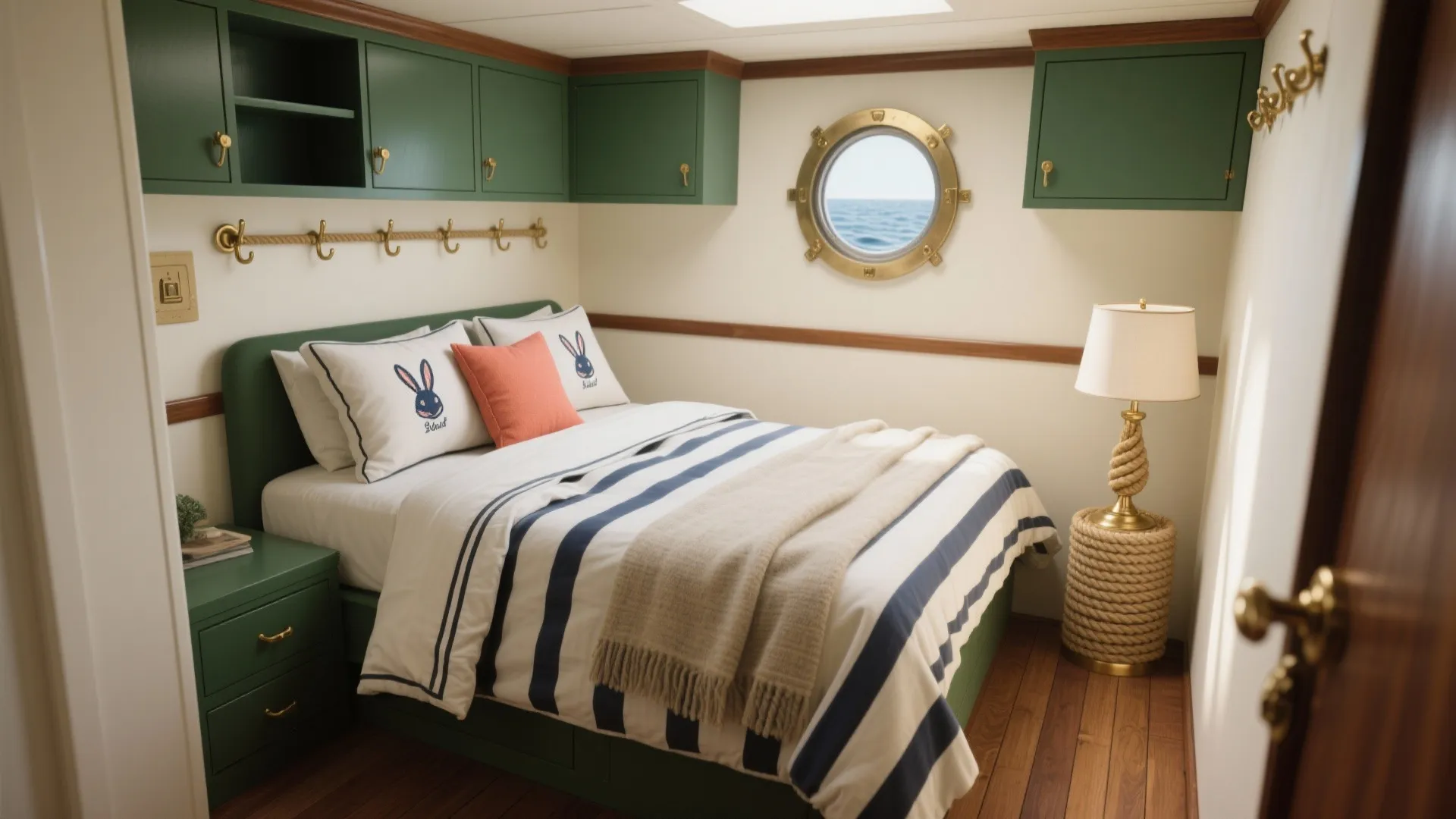 Small bedroom with green cabinets striped bedding round wall window and rope style table lamp
