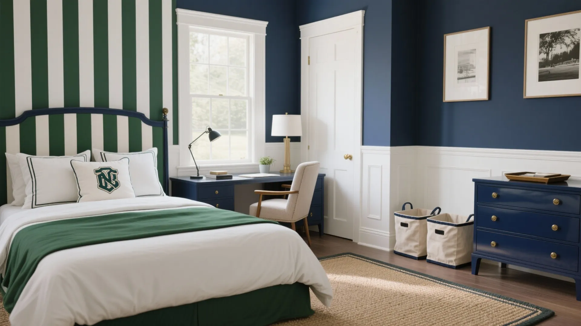Preppy bedroom with green striped wallpaper, white wall panel, navy blue furniture, and natural light