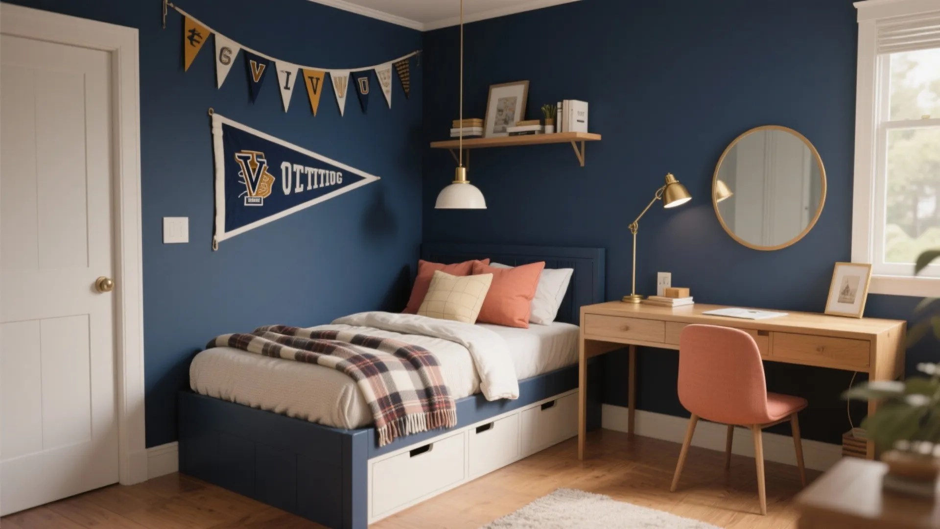 Blue bedroom interior design with single bed wooden desk pink chair round mirror and wall decorations