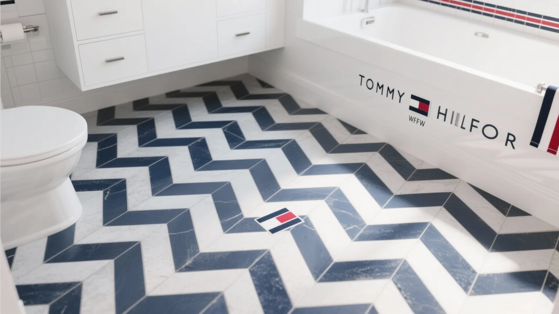 Bathroom floor with navy and white preppy patterned tiles
