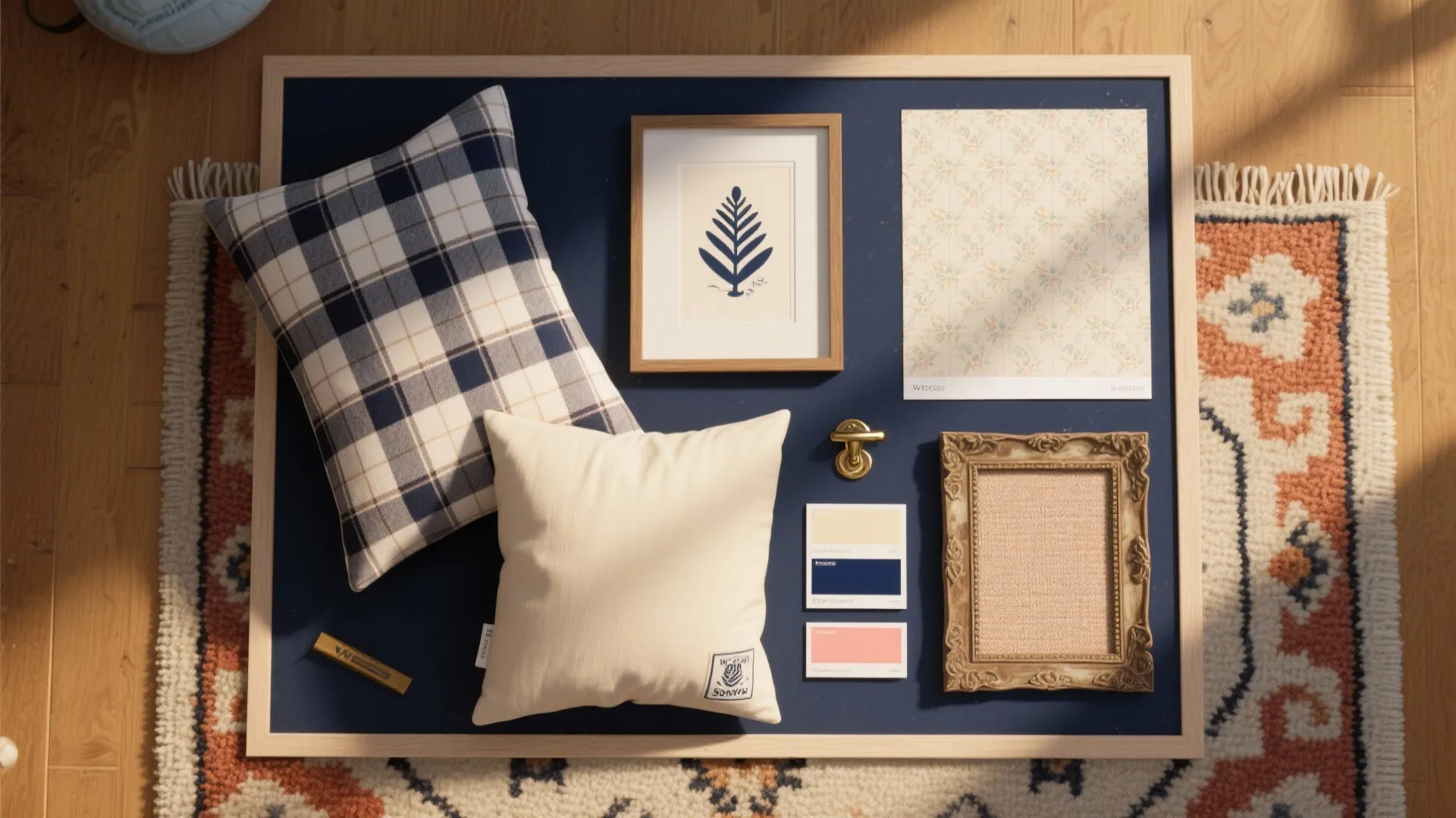 Interior design mood board with pillows picture frames color swatches and wallpaper samples on blue background
