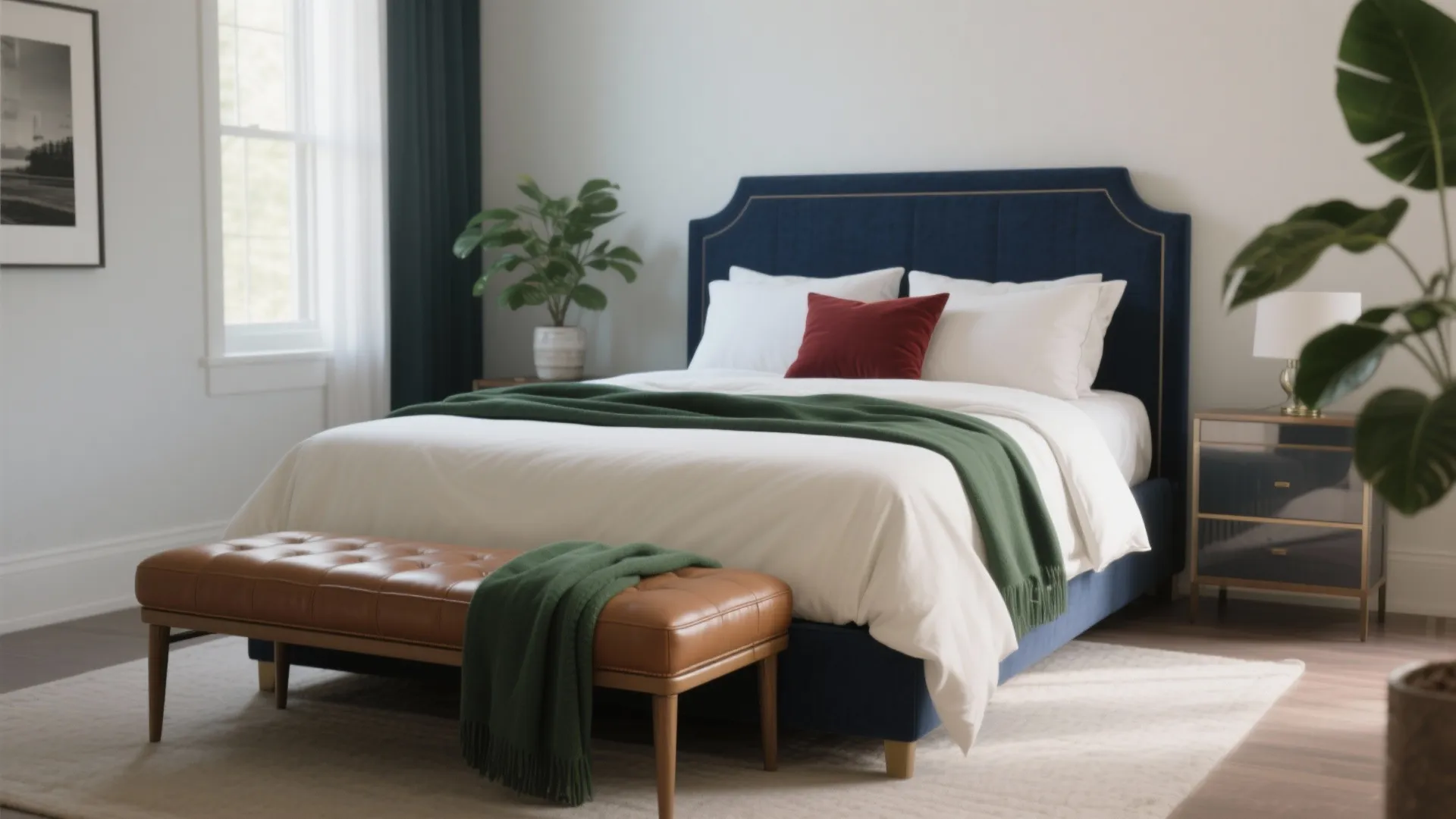 Modern bedroom with blue headboard white bedding green blanket red pillow and a brown footrest