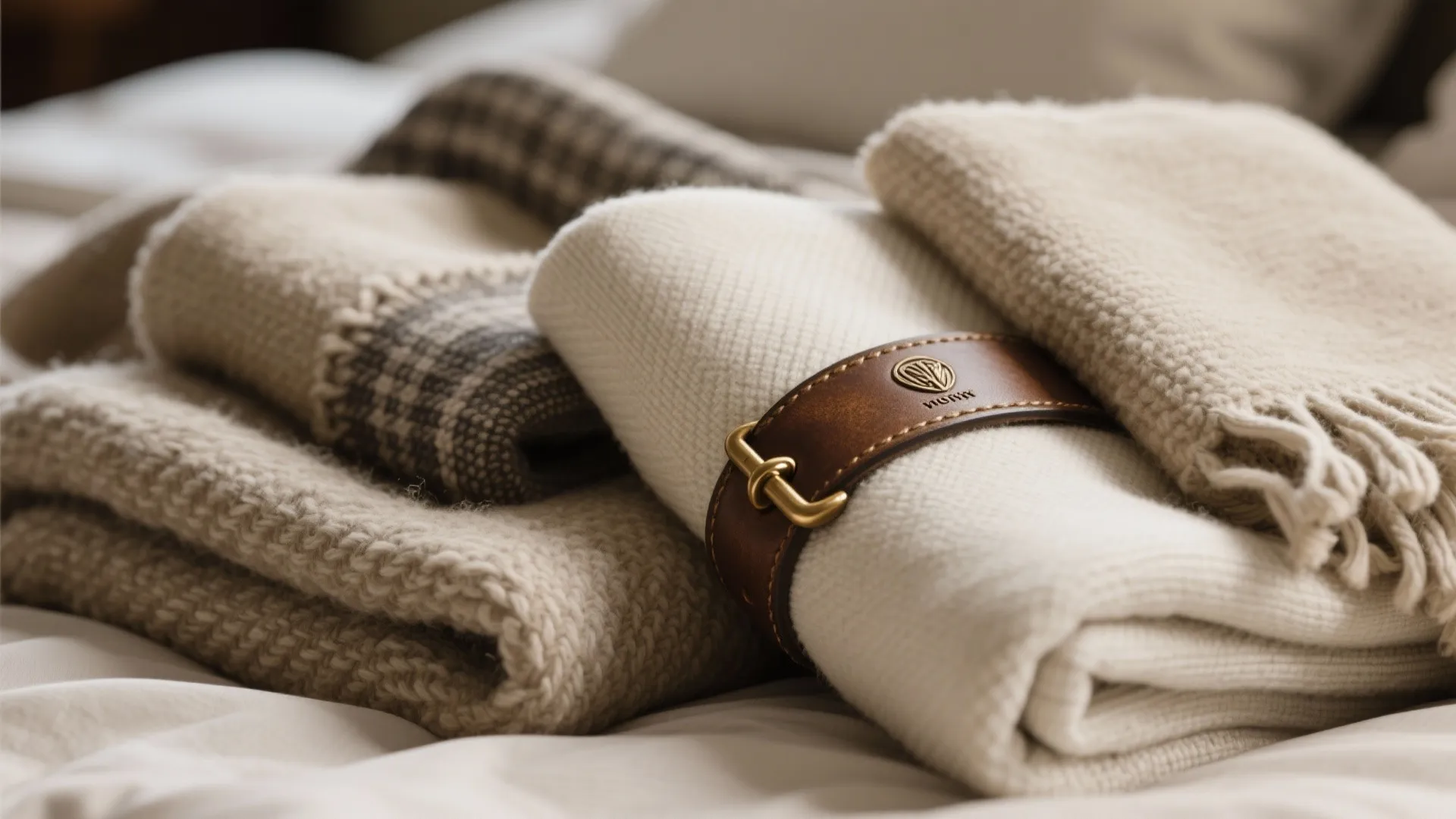 Stack of beige and patterned wool blankets with a brown leather belt on a bed surface