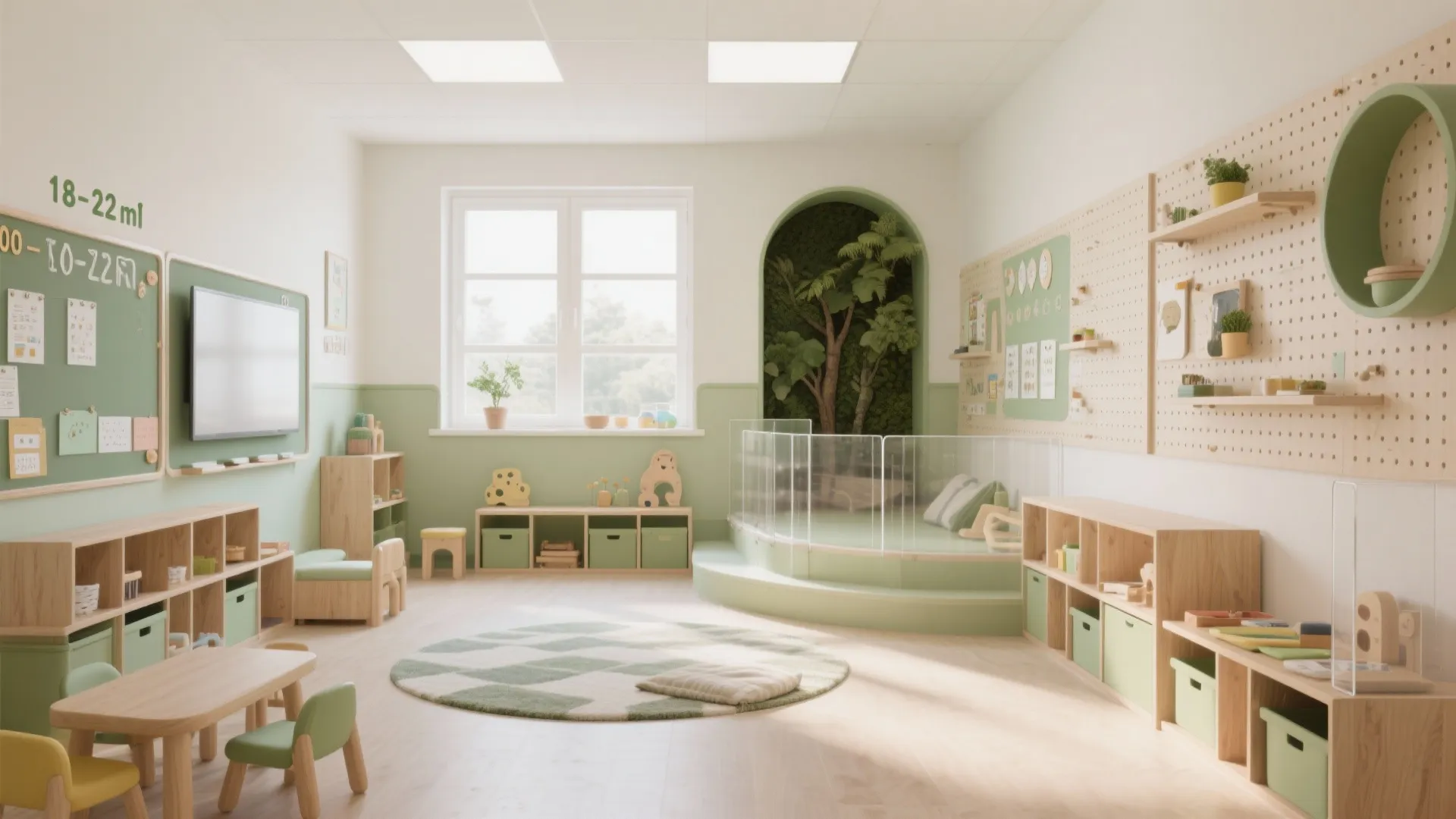 Bright preschool classroom with green walls wooden furniture round rug and indoor play area tree
