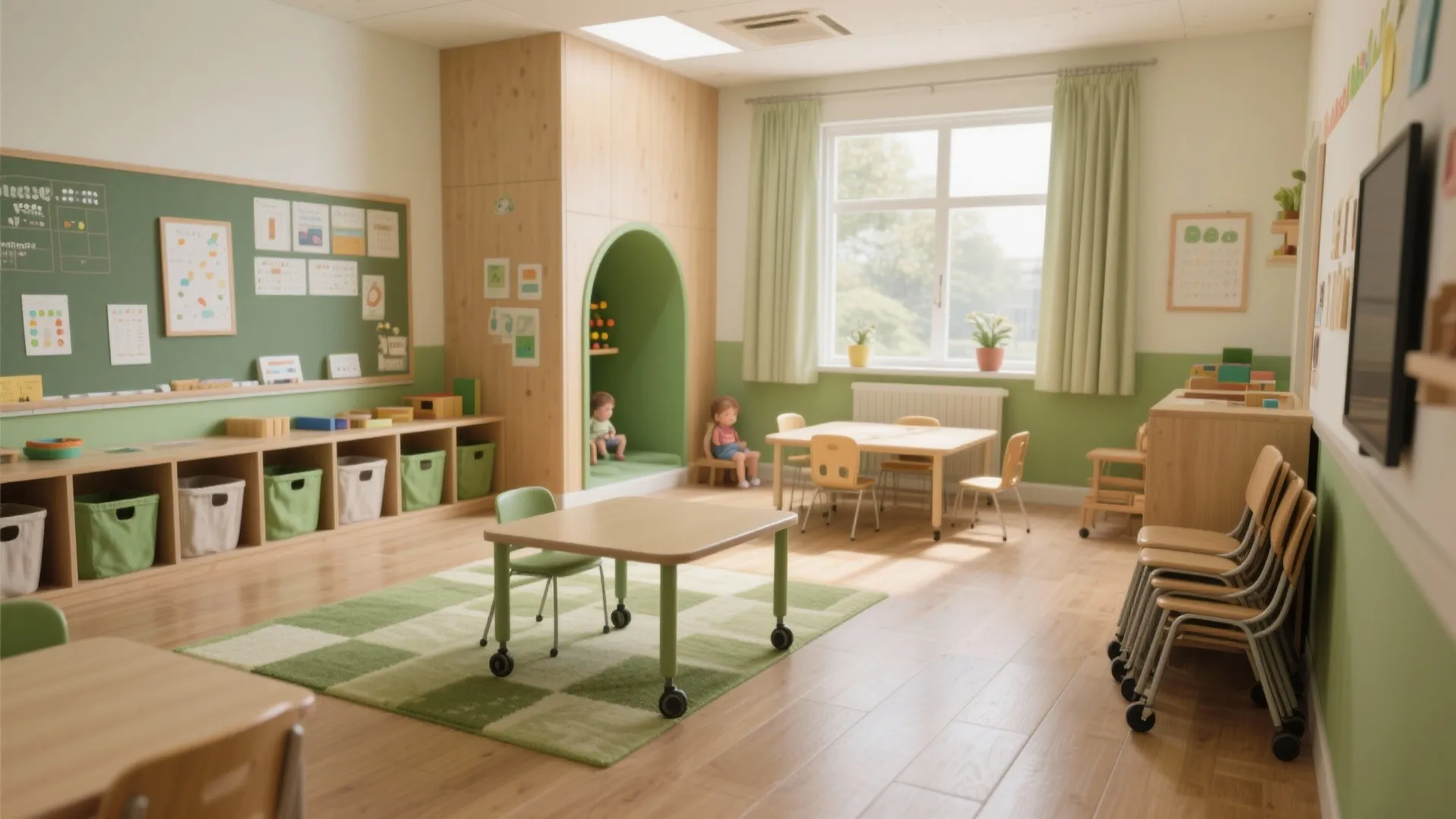 Preschool classroom with wooden tables and green chairs plus a small indoor play area and blackboard