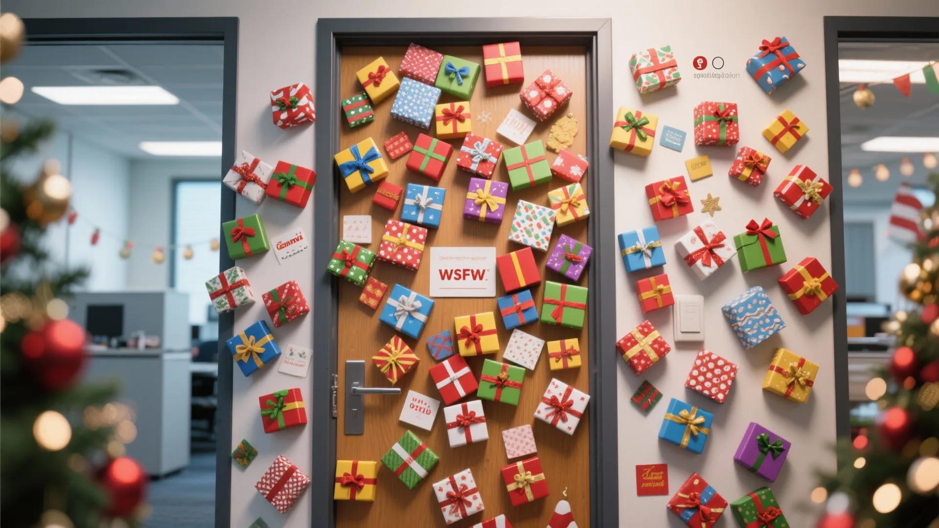 Office door decorated with many small colorful wrapped gift boxes and ribbons in a workspace