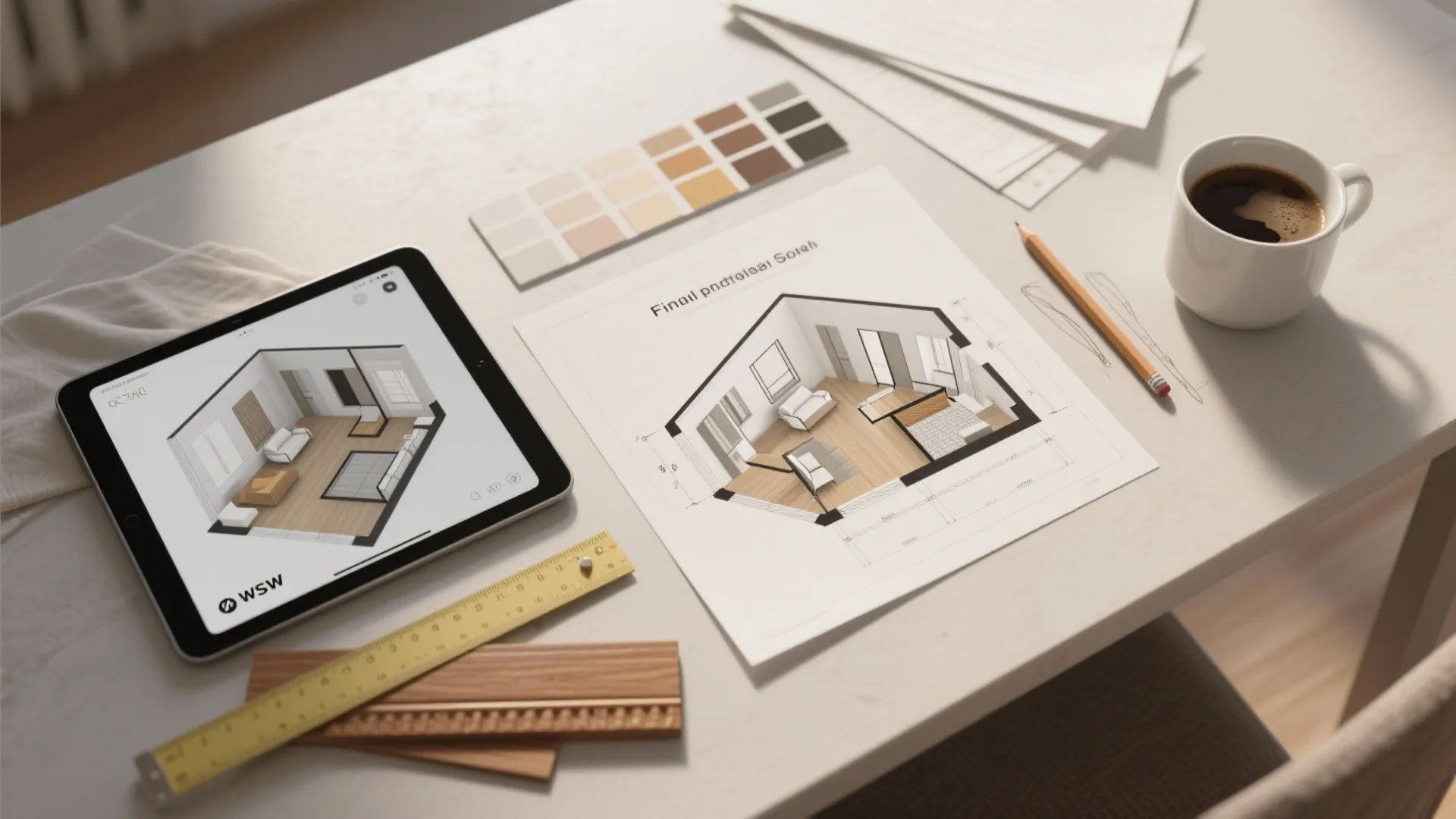 Interior design drawing on a white table with a tablet and a cup of coffee