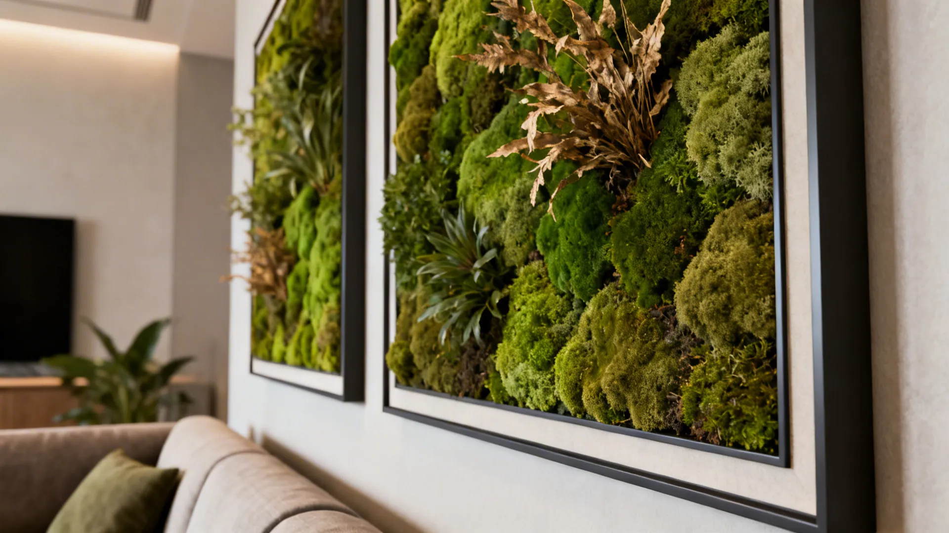 Framed preserved moss and dried plant panels on a living room wall with rich textures and no irrigation.